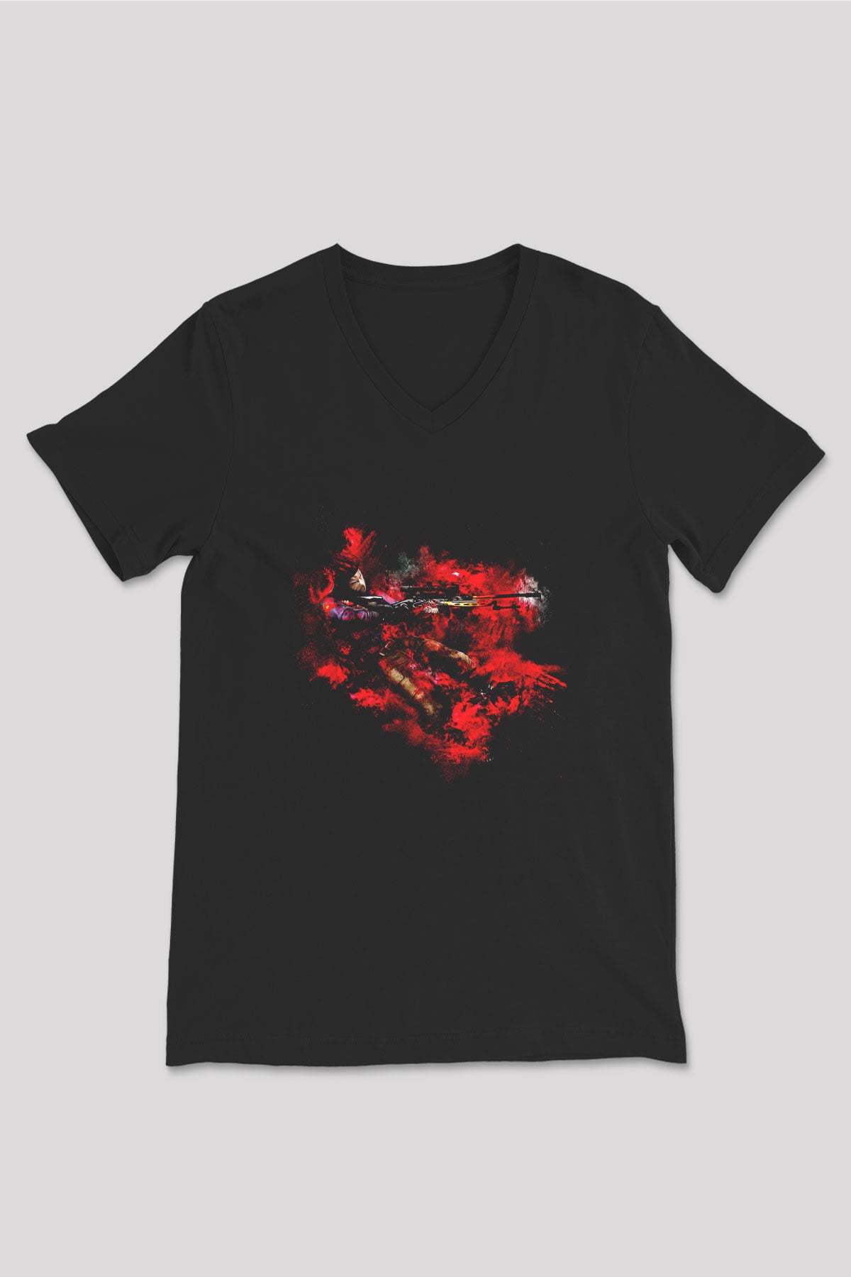 Counter Strike Baskılı Unisex Siyah V Yaka Tişört - Tshirt
