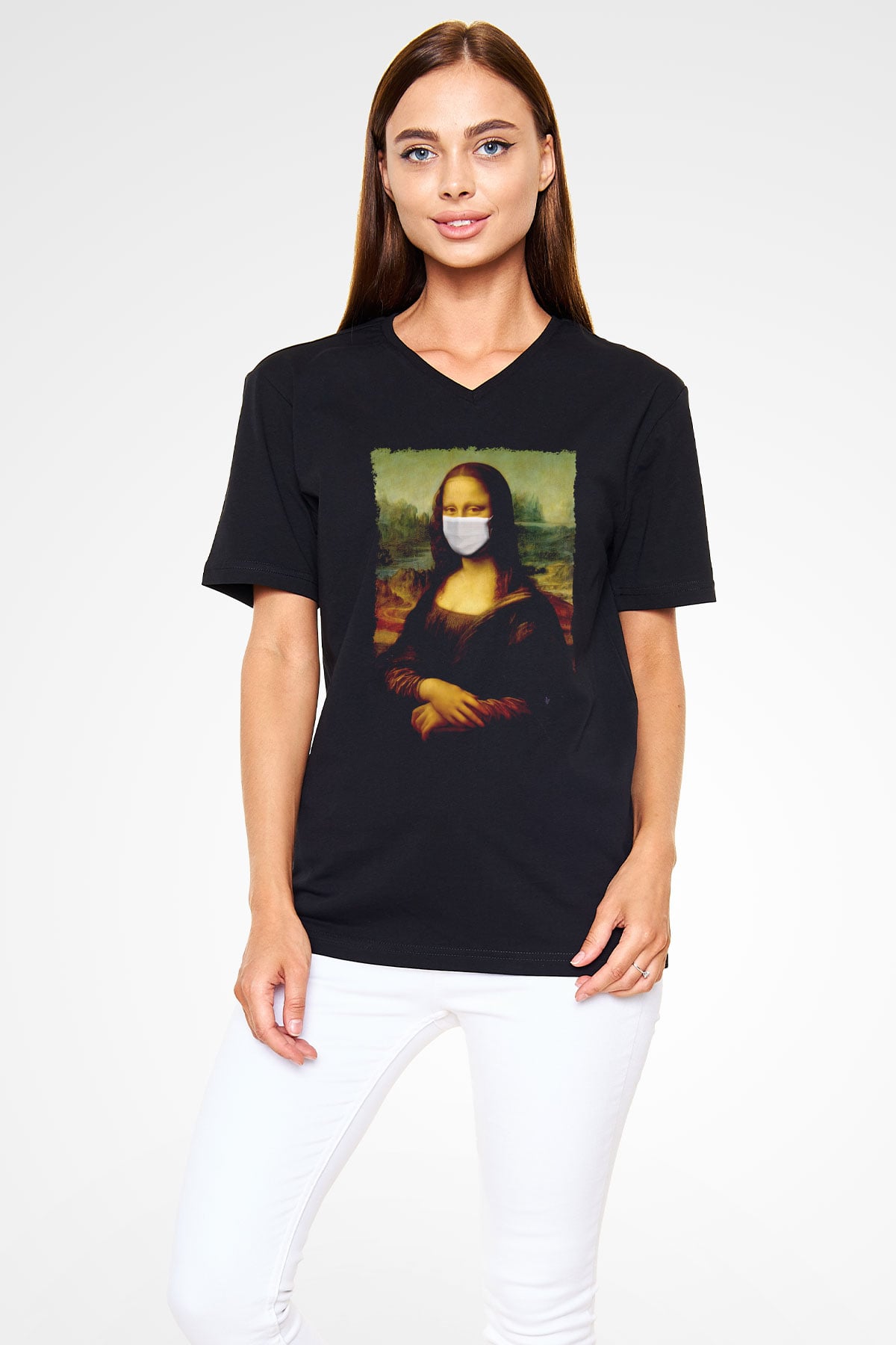 Covid Korona Mona Lisa Baskılı Unisex Siyah  V Yaka Tişört