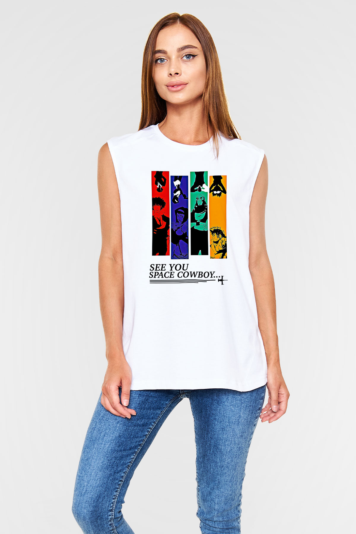 Cowboy Bebop Baskılı Beyaz Unisex Kolsuz Tişört - Tshirt
