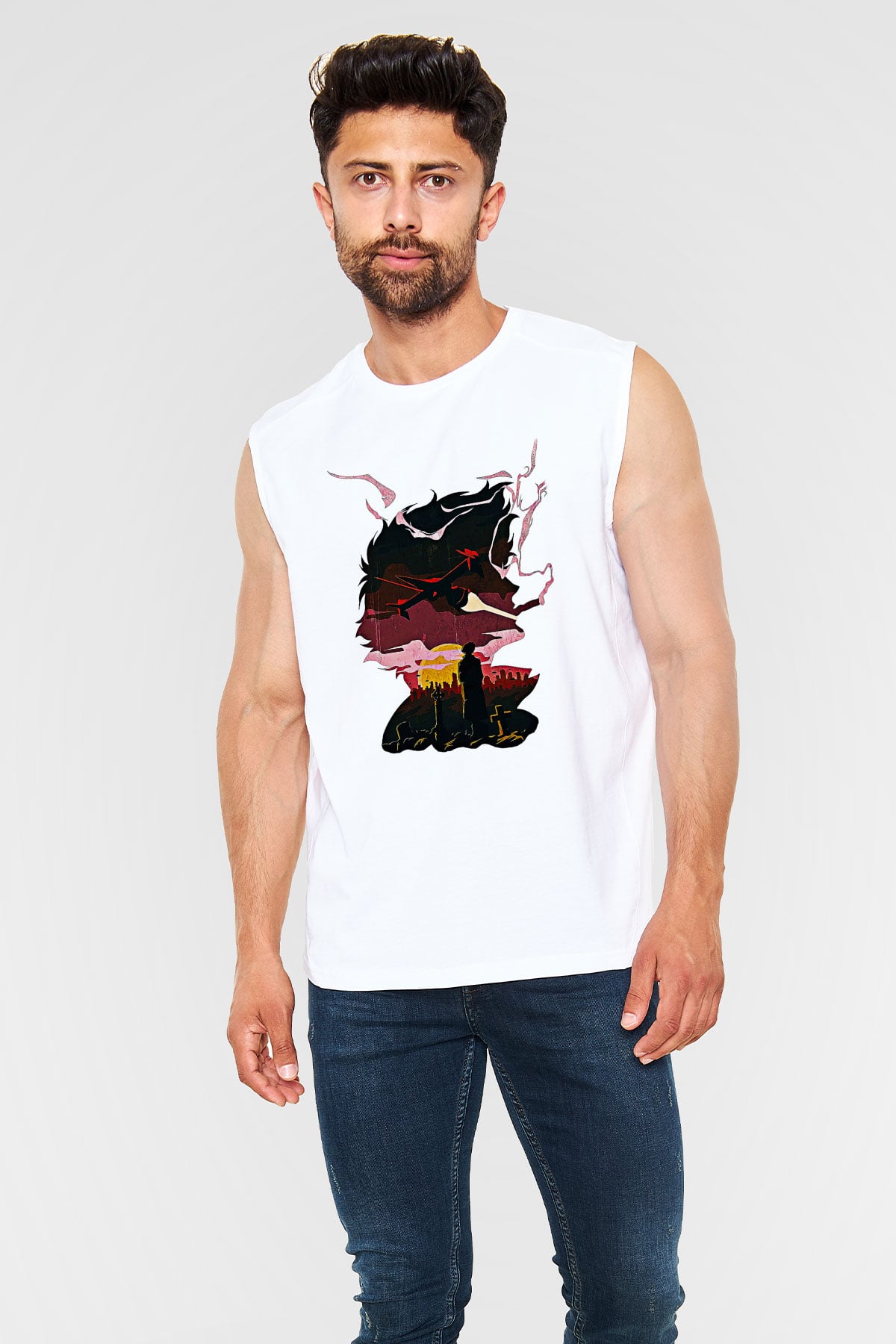 Cowboy Bebop Baskılı Beyaz Unisex Kolsuz Tişört - Tshirt