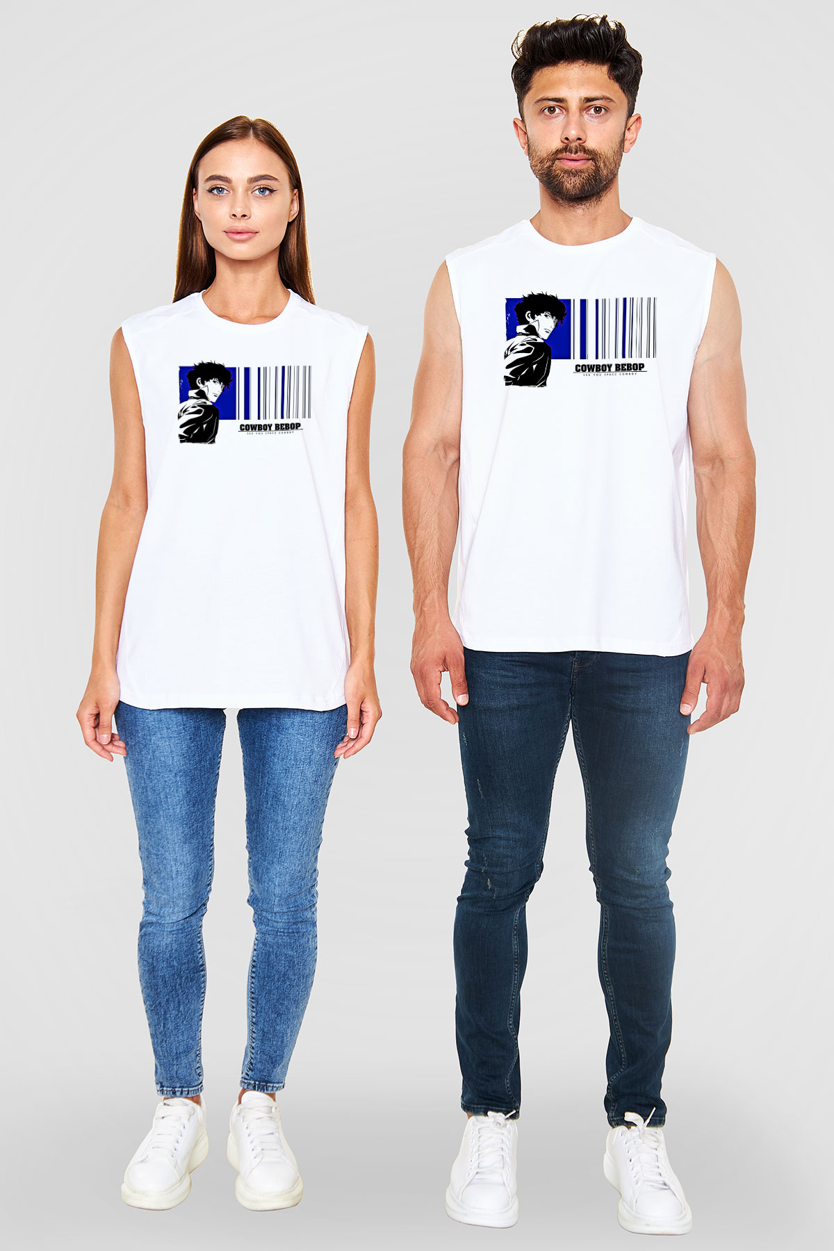 Cowboy Bebop Baskılı Beyaz Unisex Kolsuz Tişört - Tshirt