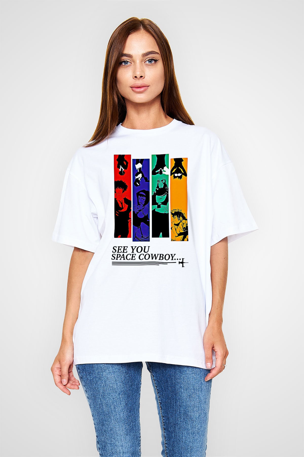 Cowboy Bebop Baskılı Beyaz Unisex Oversize Tişört - Tshirt