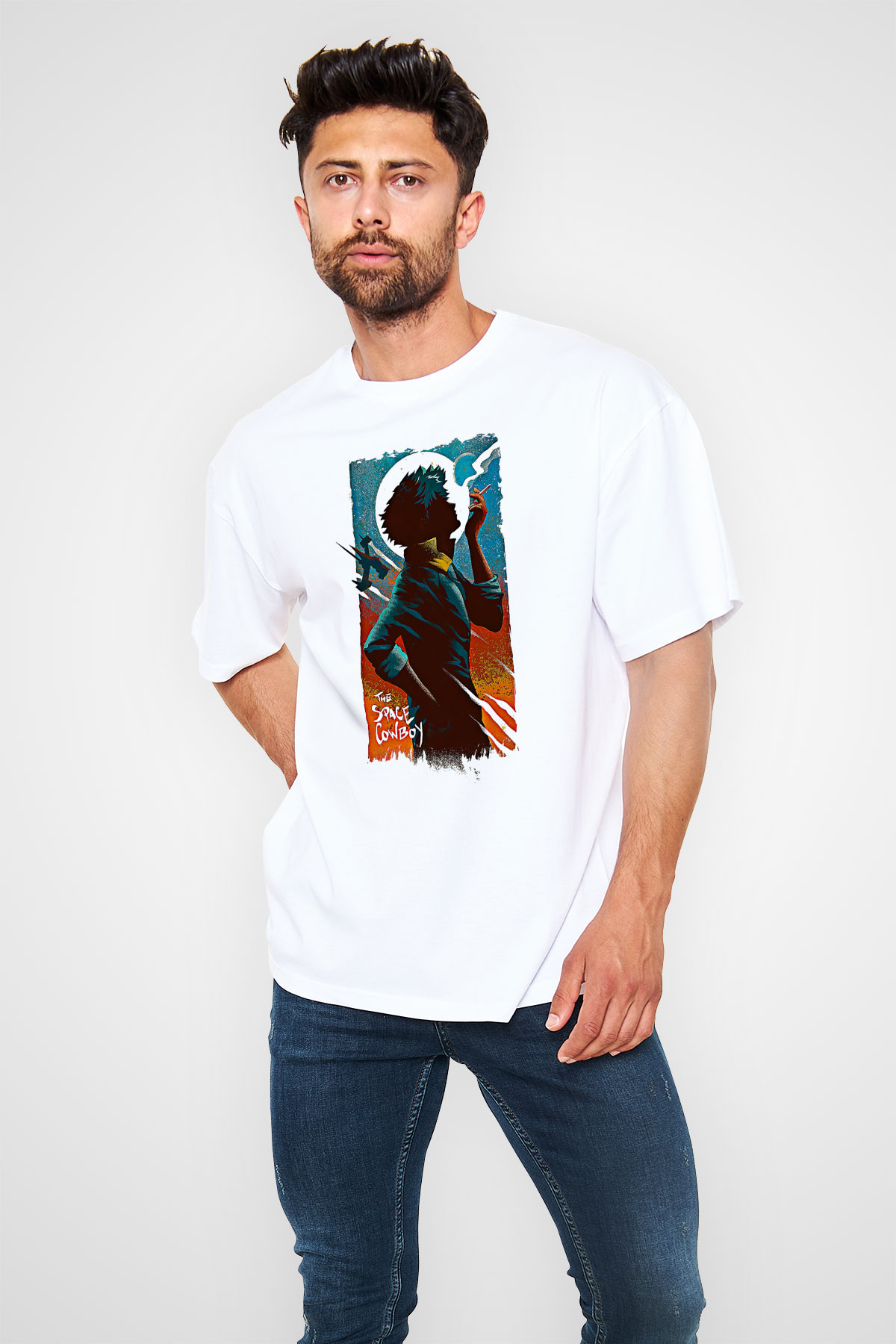 Cowboy Bebop Baskılı Beyaz Unisex Oversize Tişört - Tshirt