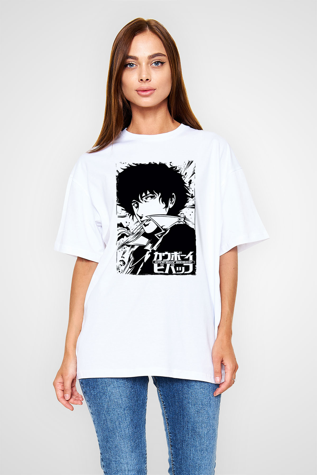 Cowboy Bebop Baskılı Beyaz Unisex Oversize Tişört - Tshirt