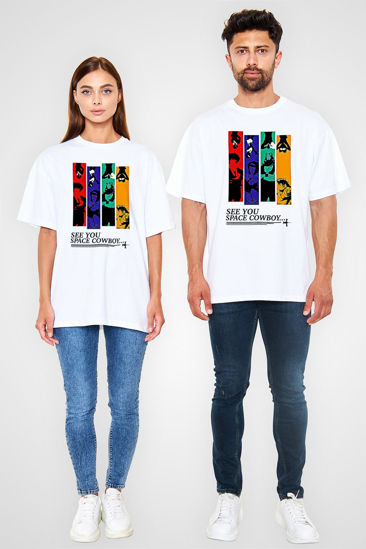 Cowboy Bebop Baskılı Beyaz Unisex Oversize Tişört - Tshirt