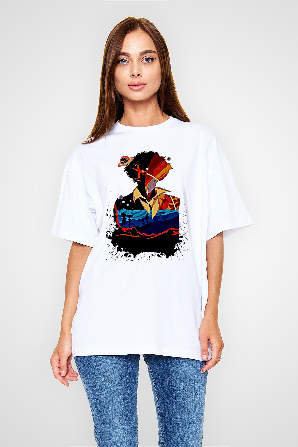 Cowboy Bebop Baskılı Beyaz Unisex Oversize Tişört - Tshirt