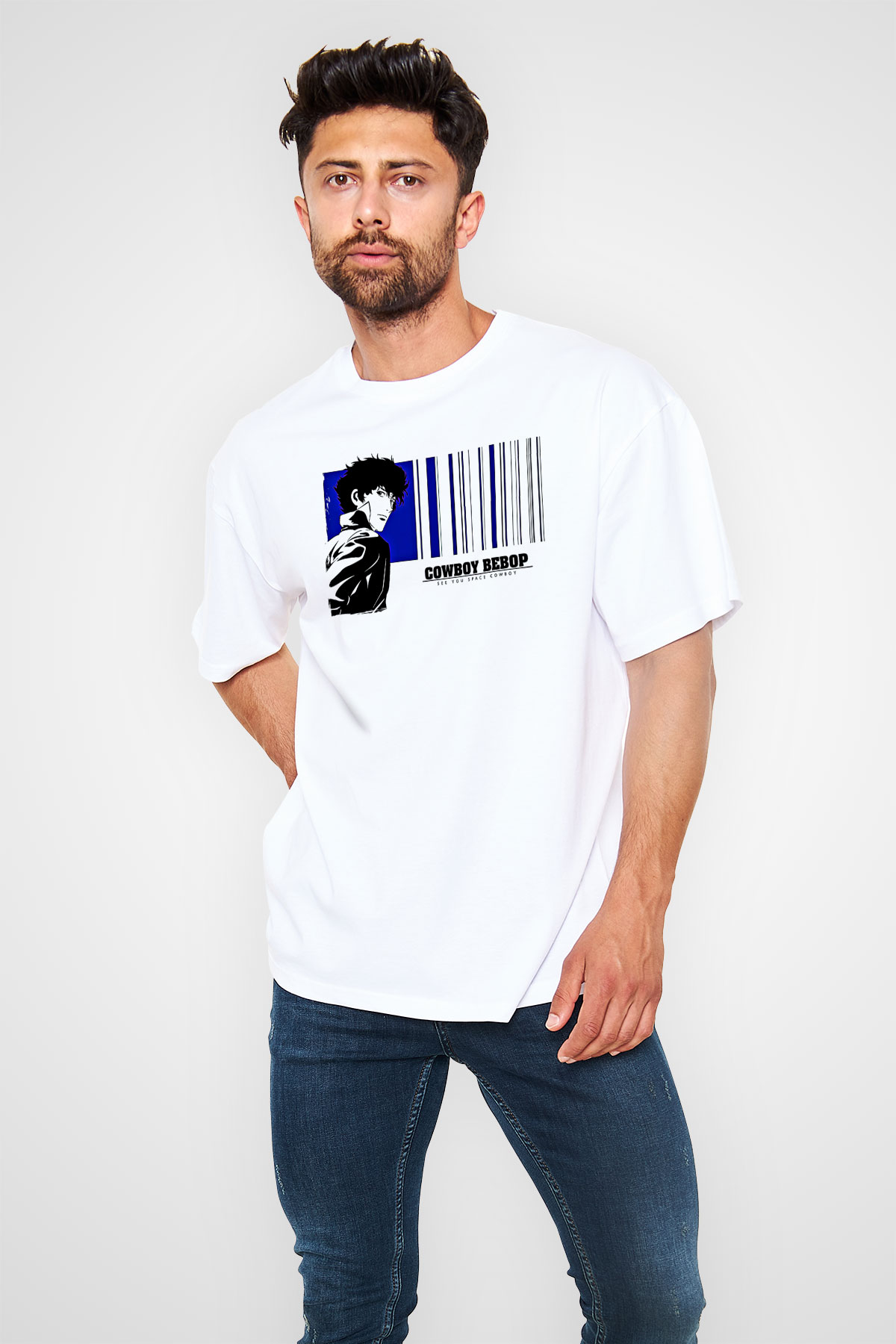 Cowboy Bebop Baskılı Beyaz Unisex Oversize Tişört - Tshirt