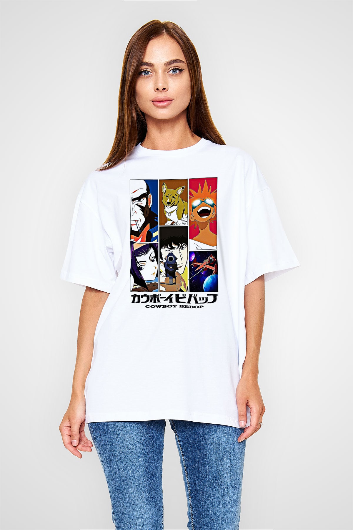 Cowboy Bebop Baskılı Beyaz Unisex Oversize Tişört - Tshirt