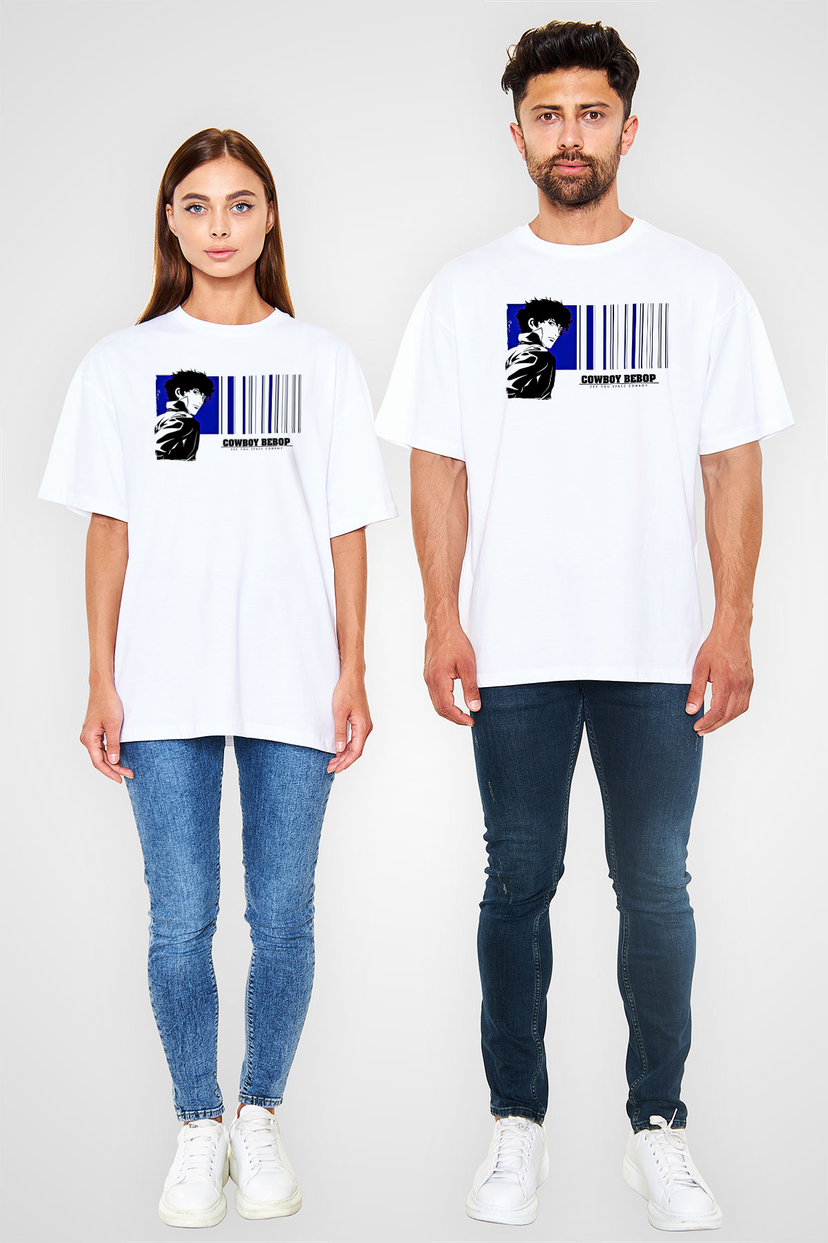 Cowboy Bebop Baskılı Beyaz Unisex Oversize Tişört - Tshirt