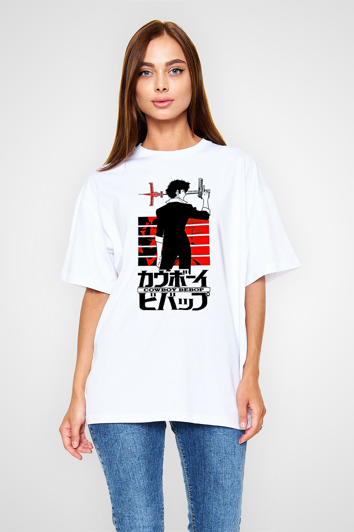 Cowboy Bebop Baskılı Beyaz Unisex Oversize Tişört - Tshirt