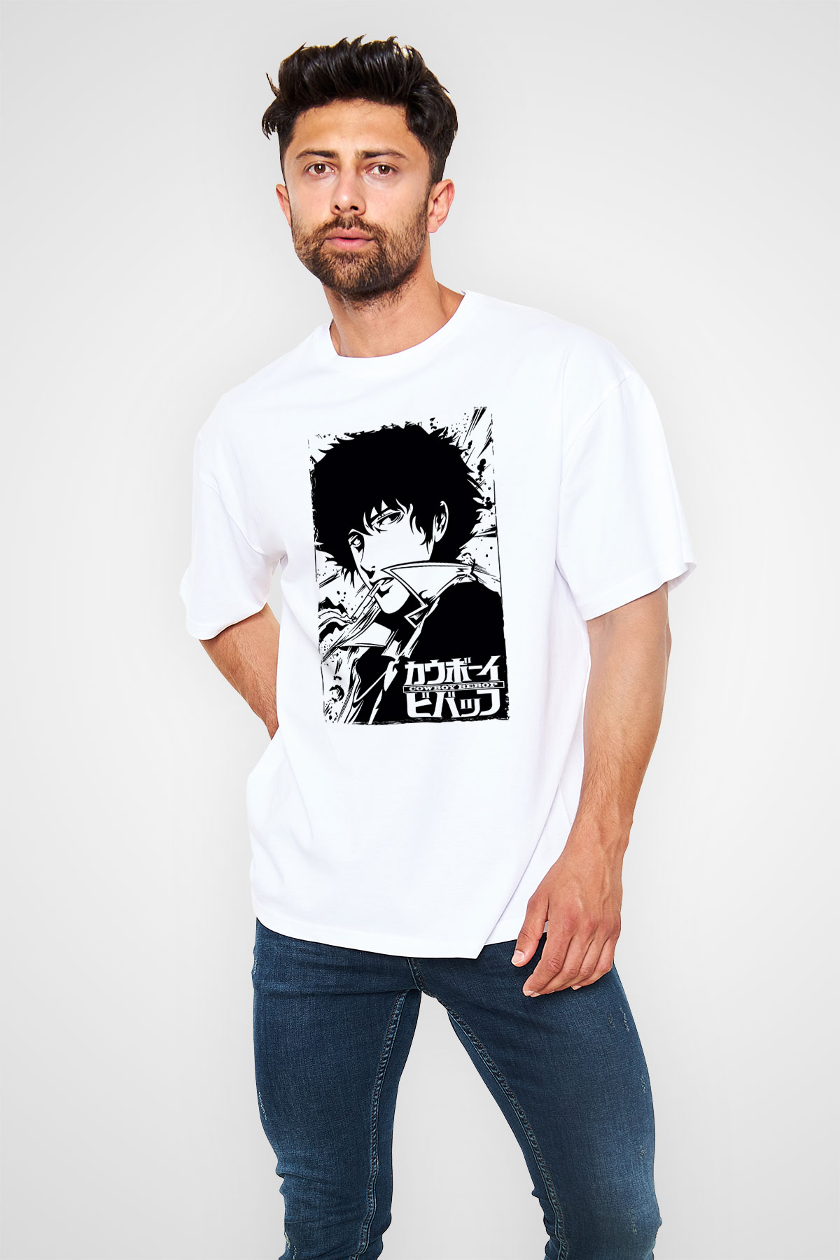 Cowboy Bebop Baskılı Beyaz Unisex Oversize Tişört - Tshirt