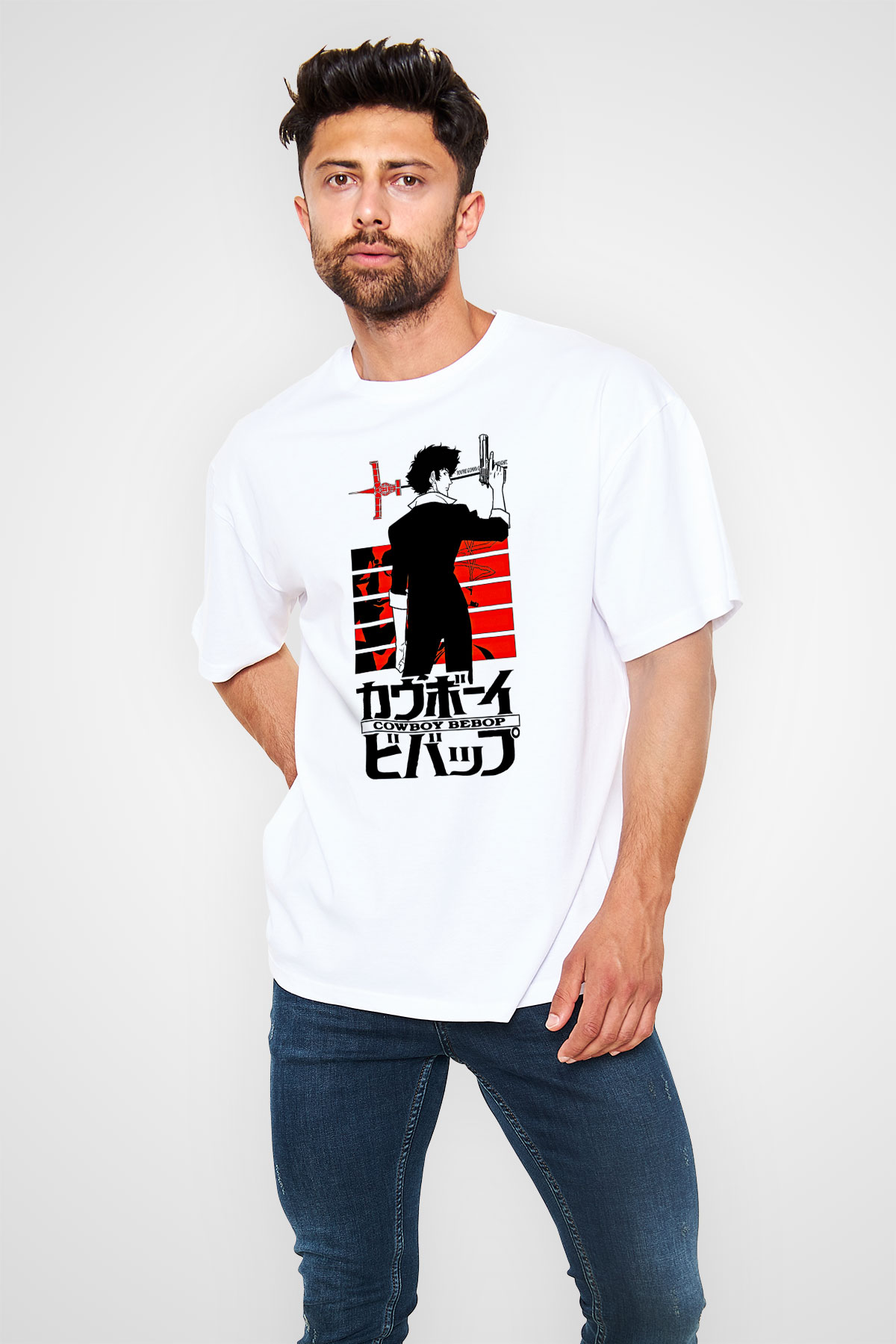Cowboy Bebop Baskılı Beyaz Unisex Oversize Tişört - Tshirt
