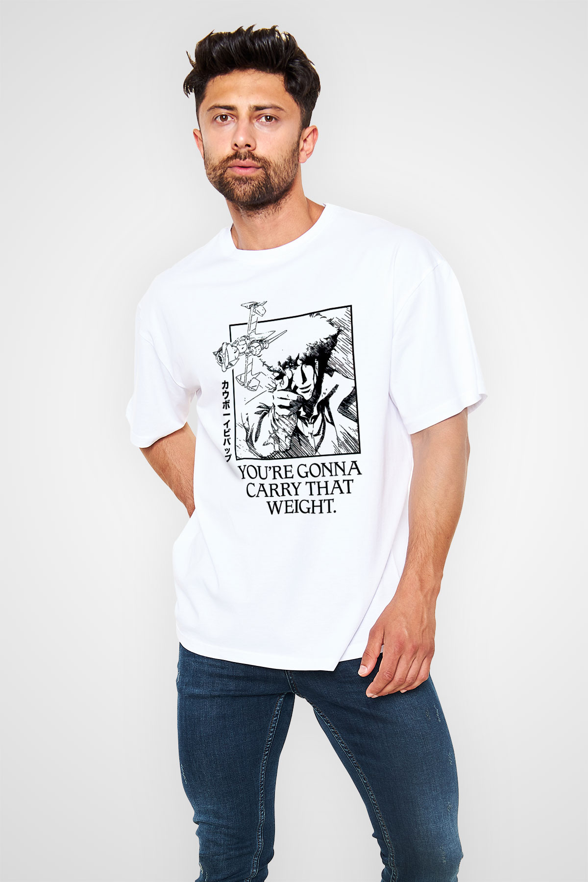 Cowboy Bebop Baskılı Beyaz Unisex Oversize Tişört - Tshirt
