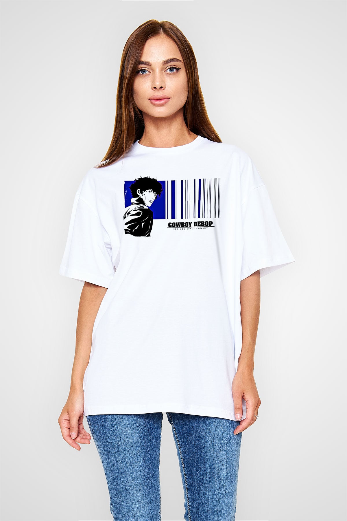 Cowboy Bebop Baskılı Beyaz Unisex Oversize Tişört - Tshirt