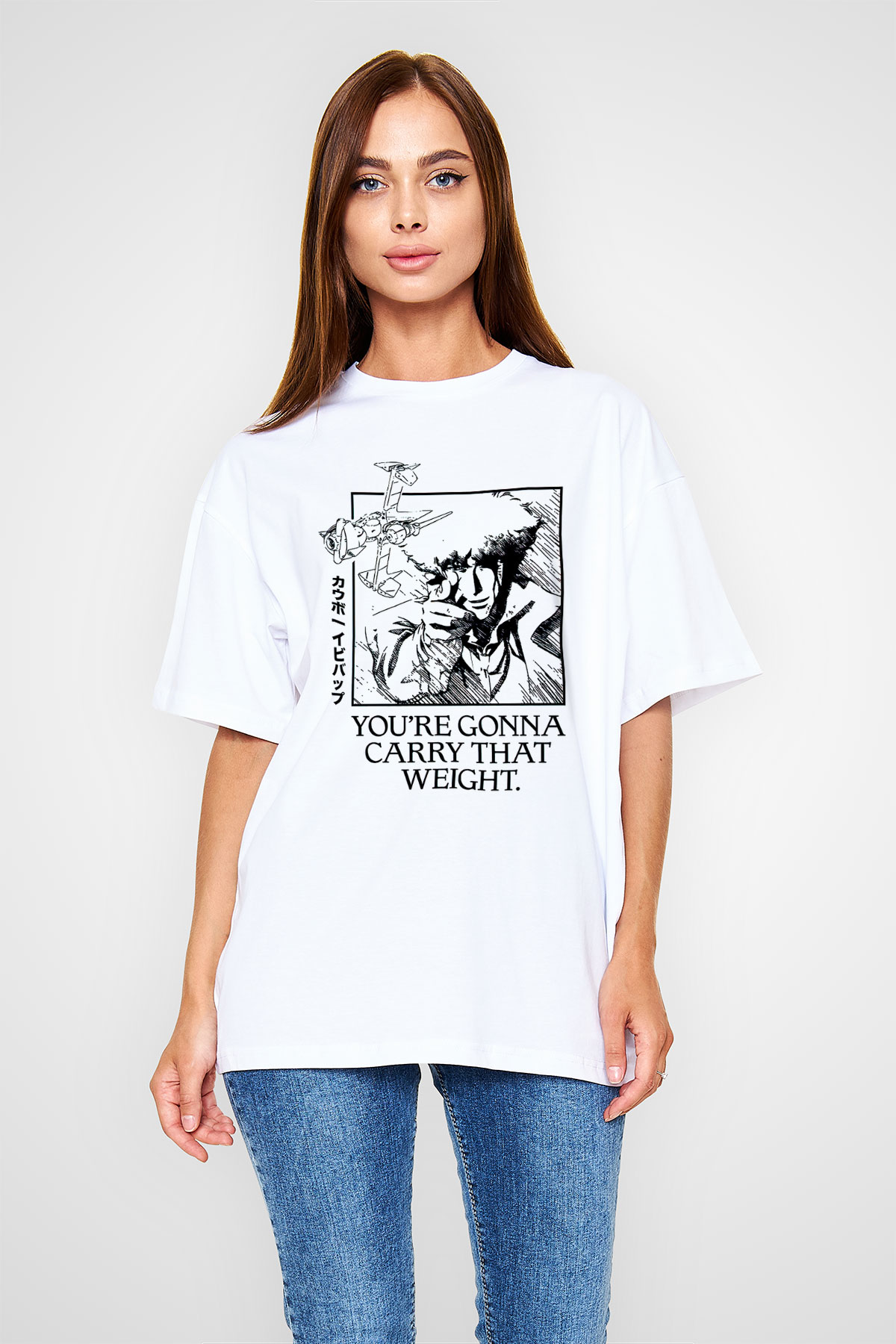 Cowboy Bebop Baskılı Beyaz Unisex Oversize Tişört - Tshirt