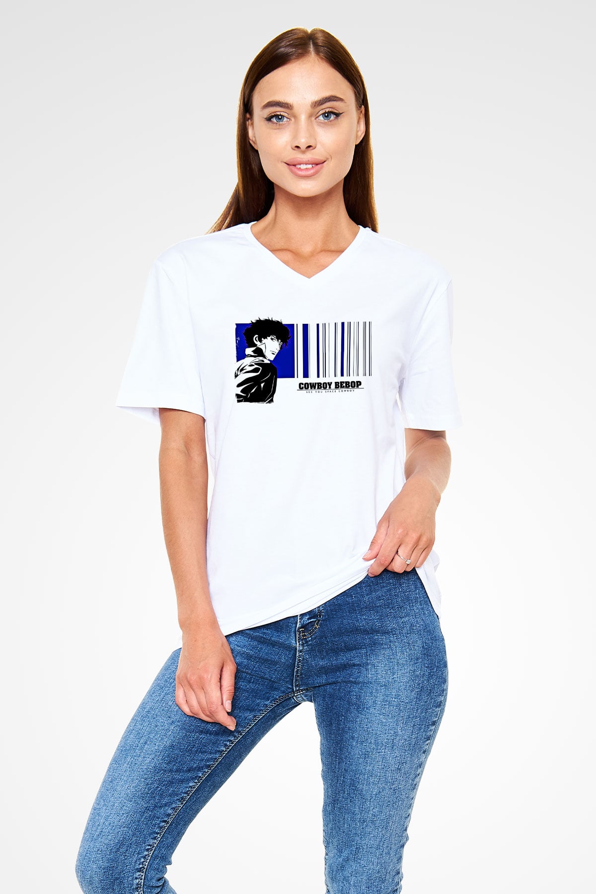 Cowboy Bebop Baskılı Beyaz Unisex V Yaka Tişört - Tshirt