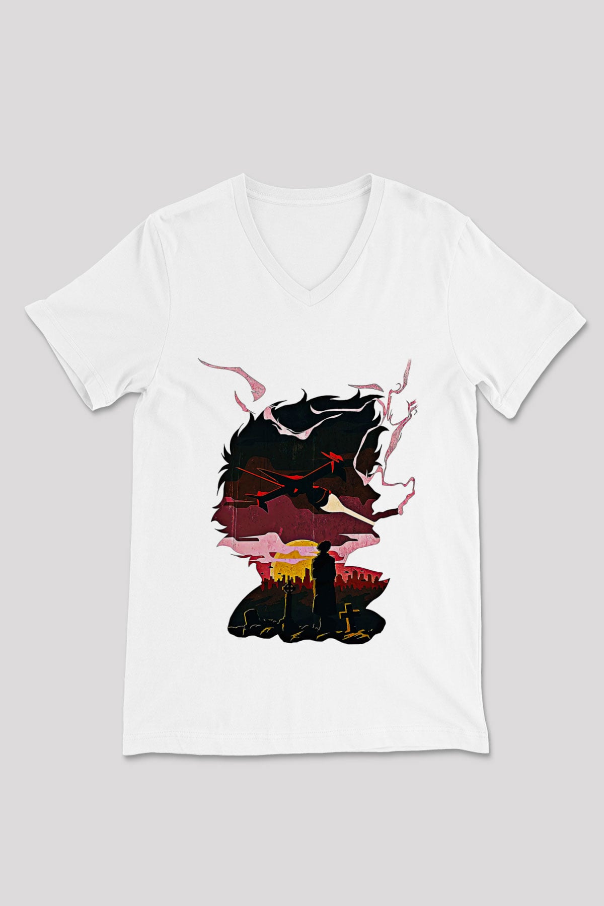 Cowboy Bebop Baskılı Beyaz Unisex V Yaka Tişört - Tshirt