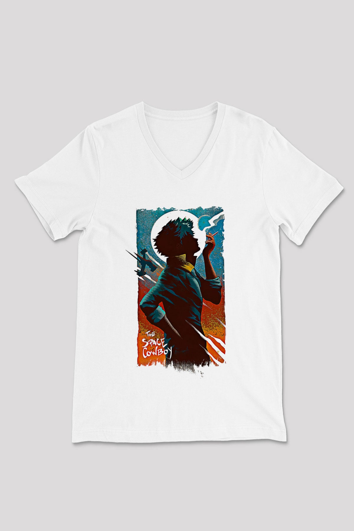 Cowboy Bebop Baskılı Beyaz Unisex V Yaka Tişört - Tshirt