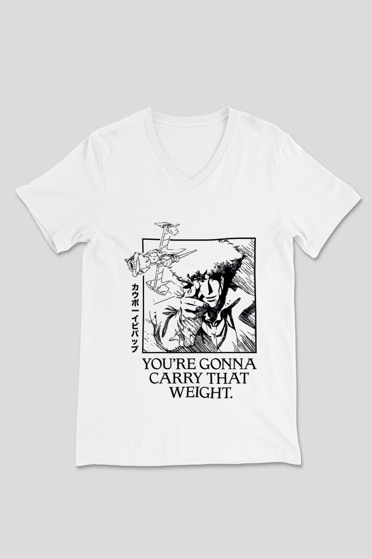 Cowboy Bebop Baskılı Beyaz Unisex V Yaka Tişört - Tshirt