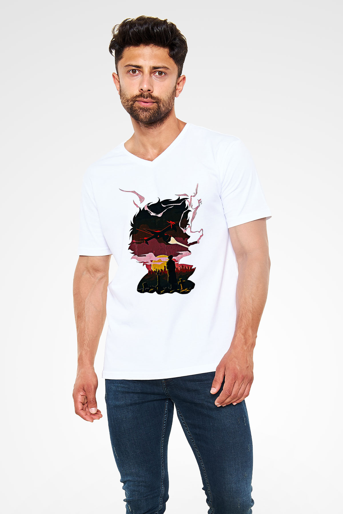 Cowboy Bebop Baskılı Beyaz Unisex V Yaka Tişört - Tshirt