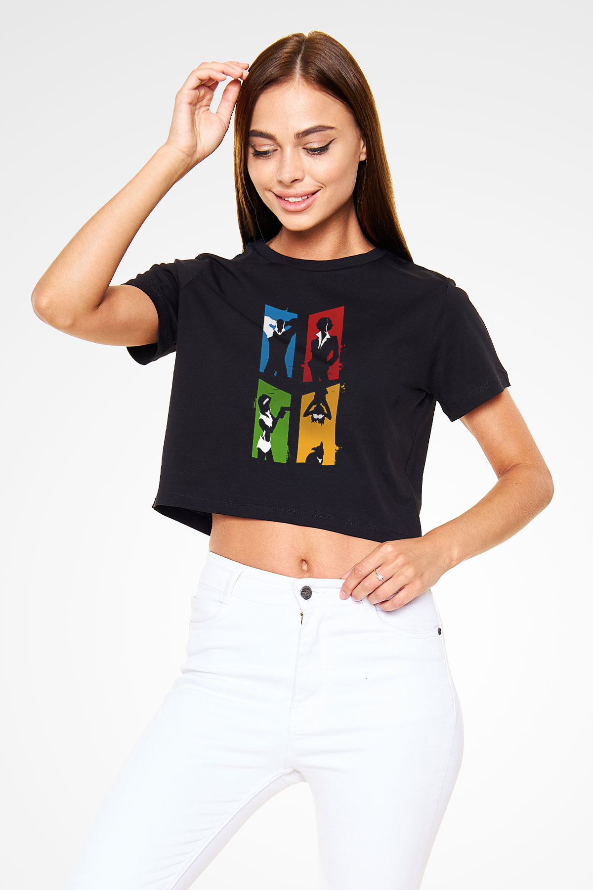 Cowboy Bebop Baskılı Siyah Crop Top Kadın Tişört - Tshirt