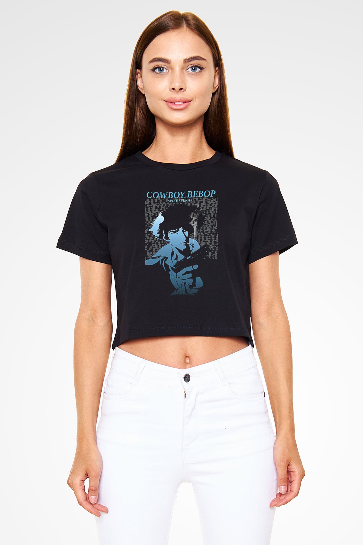 Cowboy Bebop Baskılı Siyah Crop Top Kadın Tişört - Tshirt