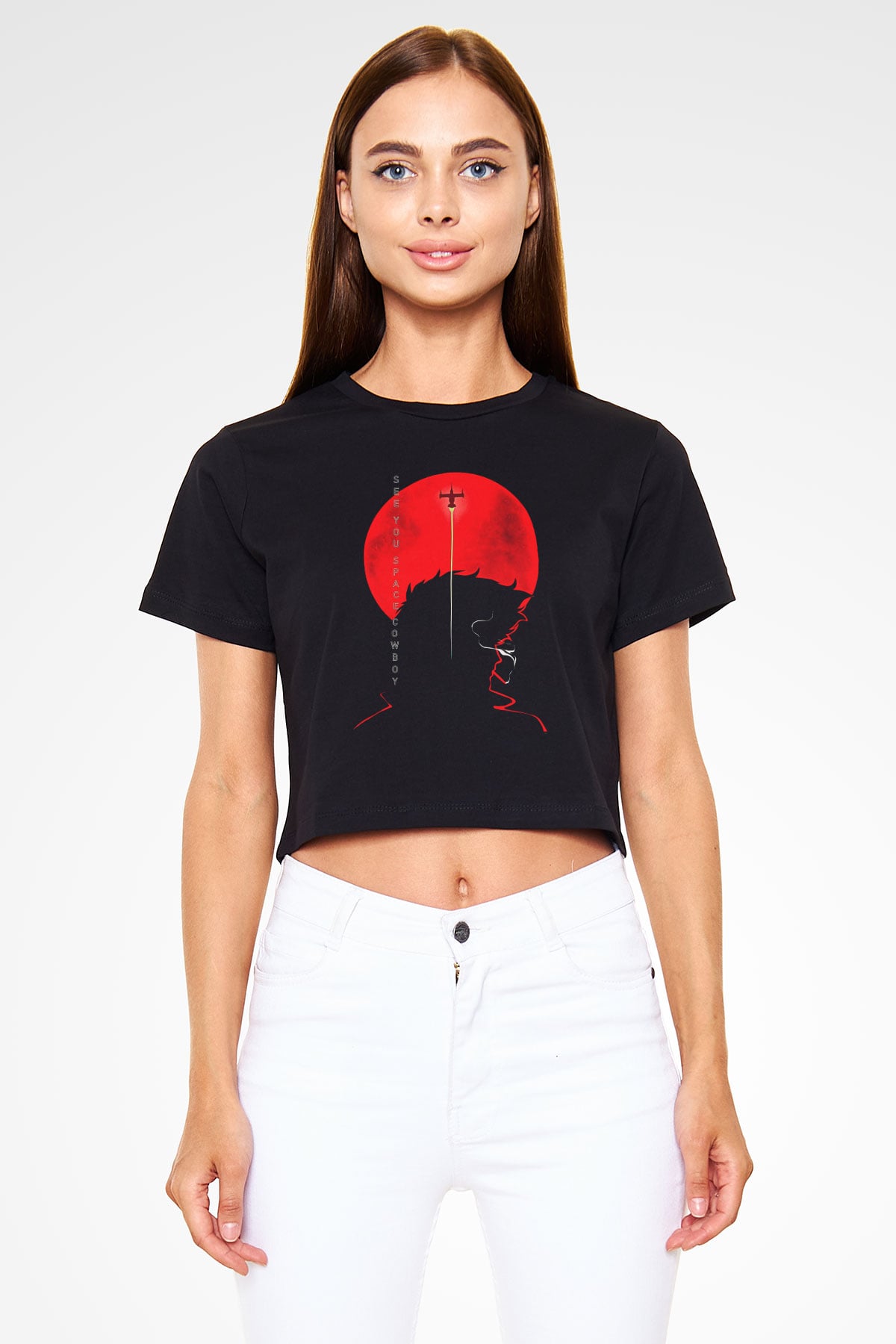 Cowboy Bebop Baskılı Siyah Crop Top Kadın Tişört - Tshirt