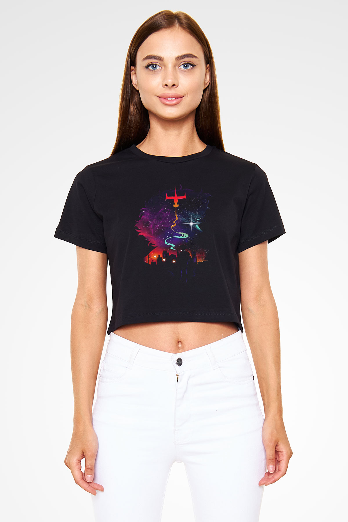 Cowboy Bebop Baskılı Siyah Crop Top Kadın Tişört - Tshirt