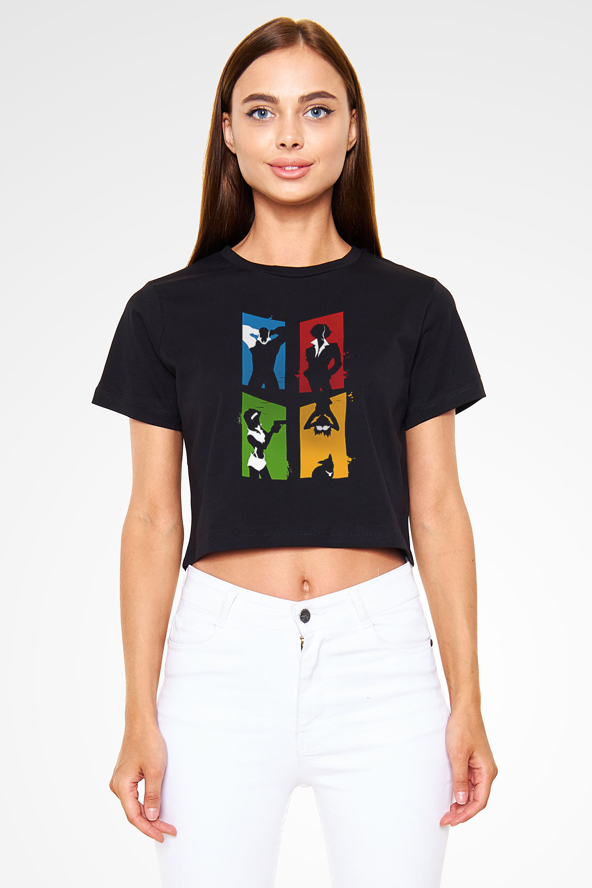 Cowboy Bebop Baskılı Siyah Crop Top Kadın Tişört - Tshirt