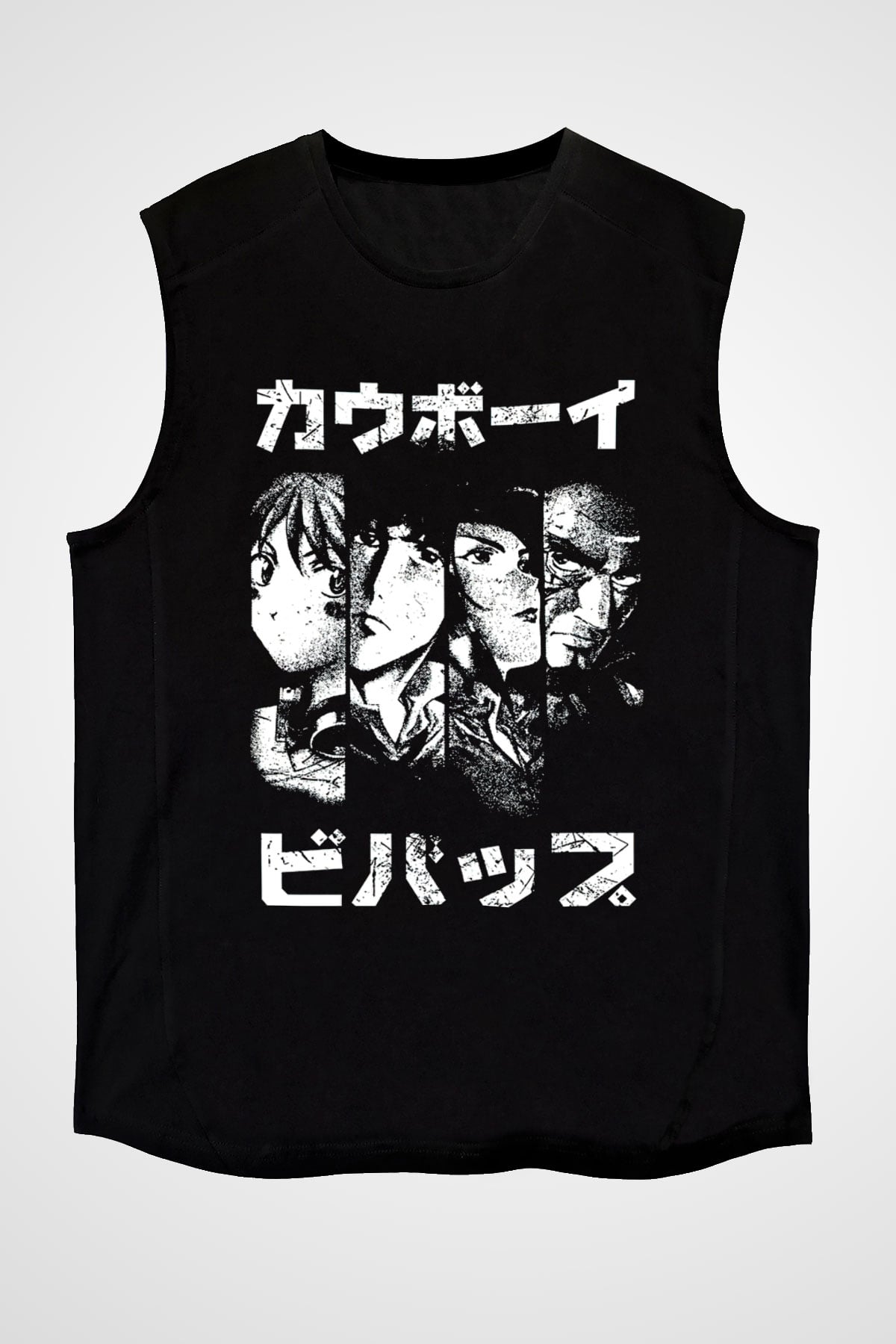 Cowboy Bebop Baskılı Unisex Siyah Kolsuz Tişört - Tshirt