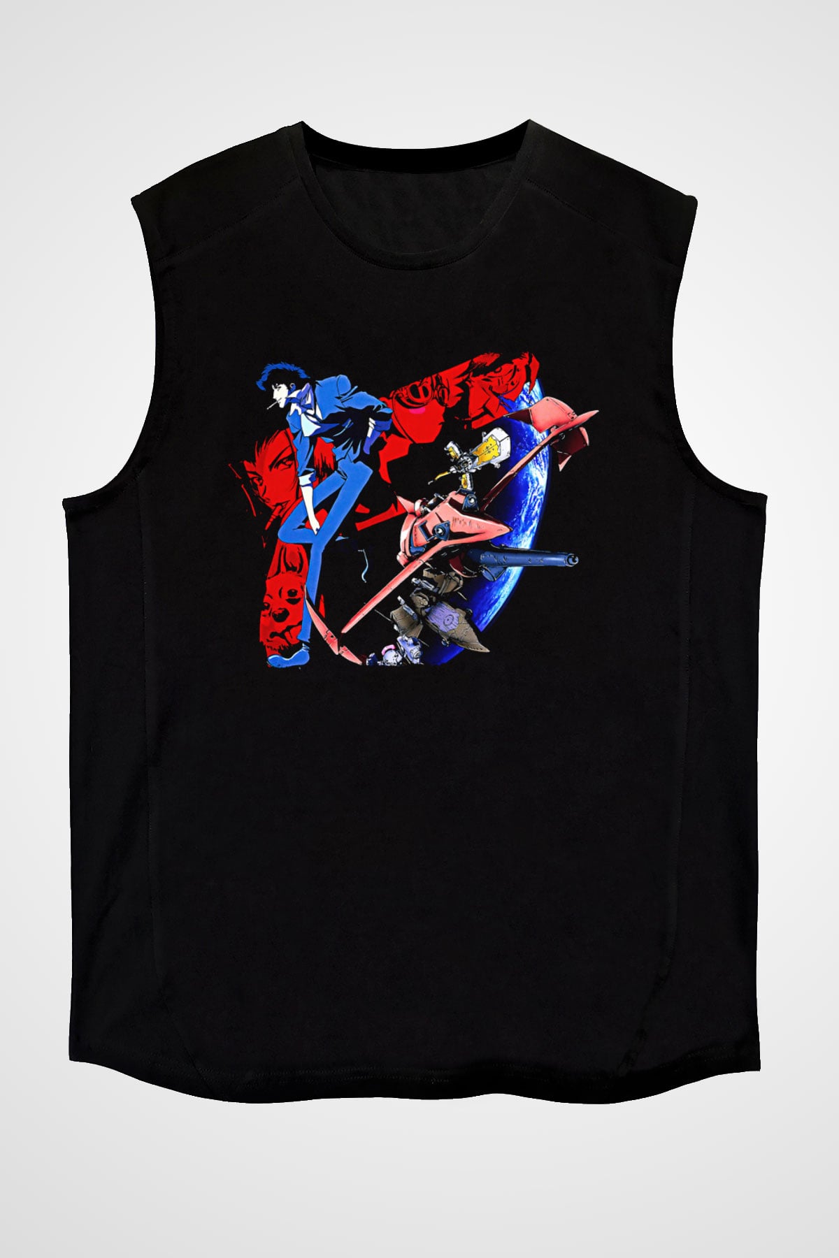 Cowboy Bebop Baskılı Unisex Siyah Kolsuz Tişört - Tshirt