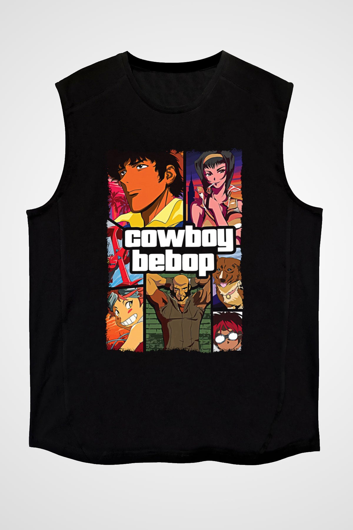 Cowboy Bebop Baskılı Unisex Siyah Kolsuz Tişört - Tshirt