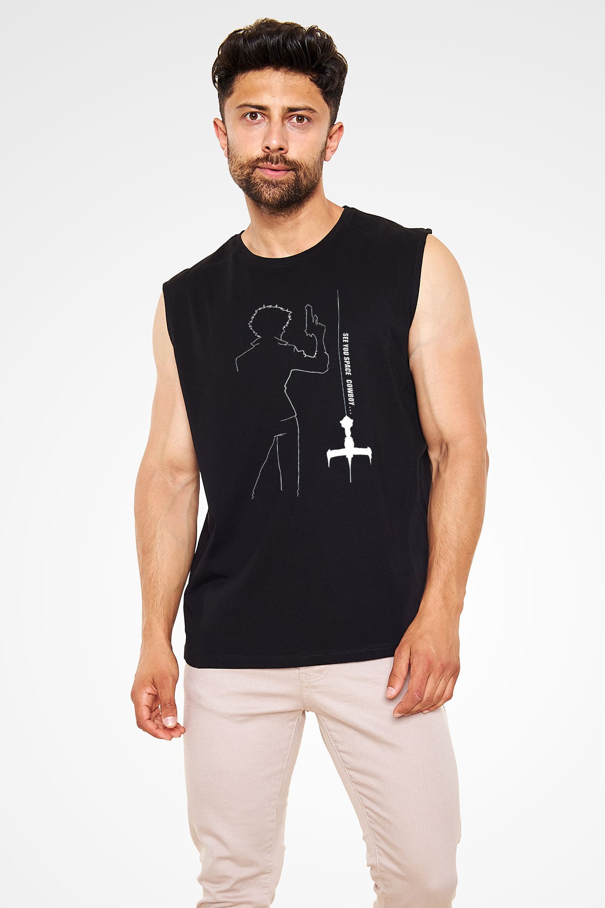 Cowboy Bebop Baskılı Unisex Siyah Kolsuz Tişört - Tshirt