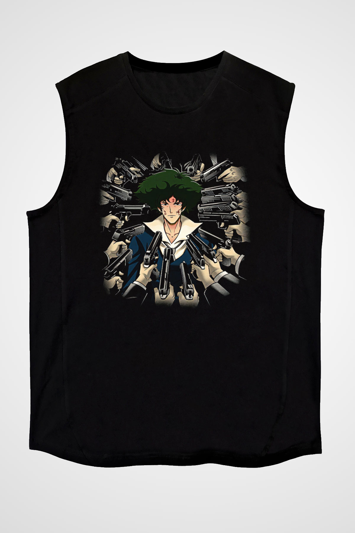 Cowboy Bebop Baskılı Unisex Siyah Kolsuz Tişört - Tshirt