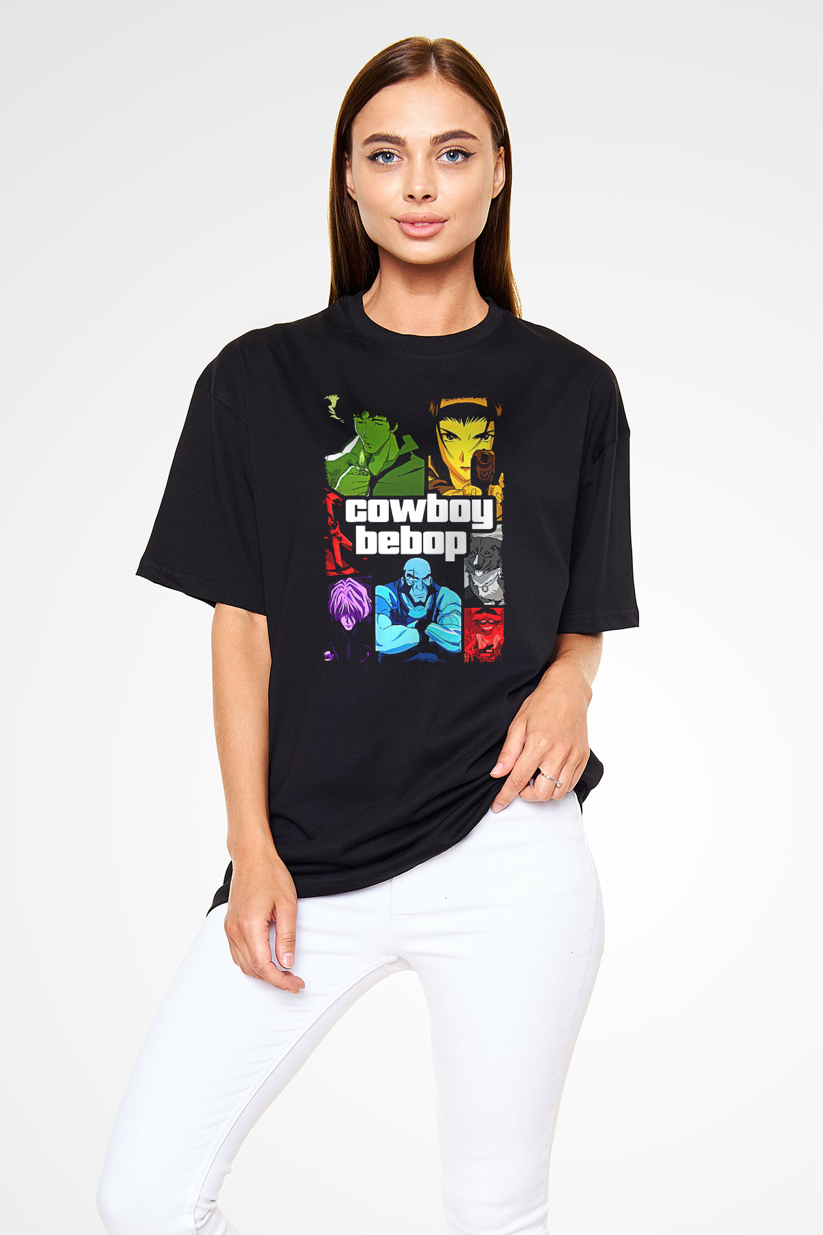 Cowboy Bebop Baskılı Unisex Siyah Oversize Tişört - Tshirt