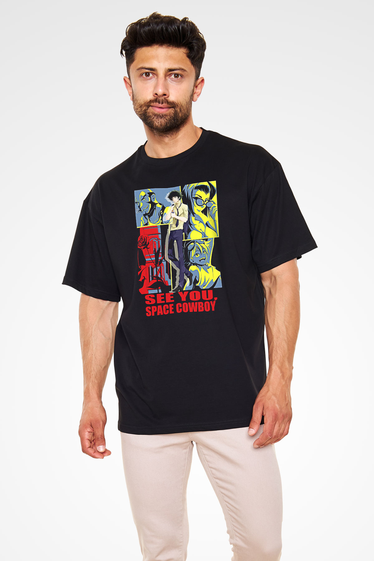 Cowboy Bebop Baskılı Unisex Siyah Oversize Tişört - Tshirt