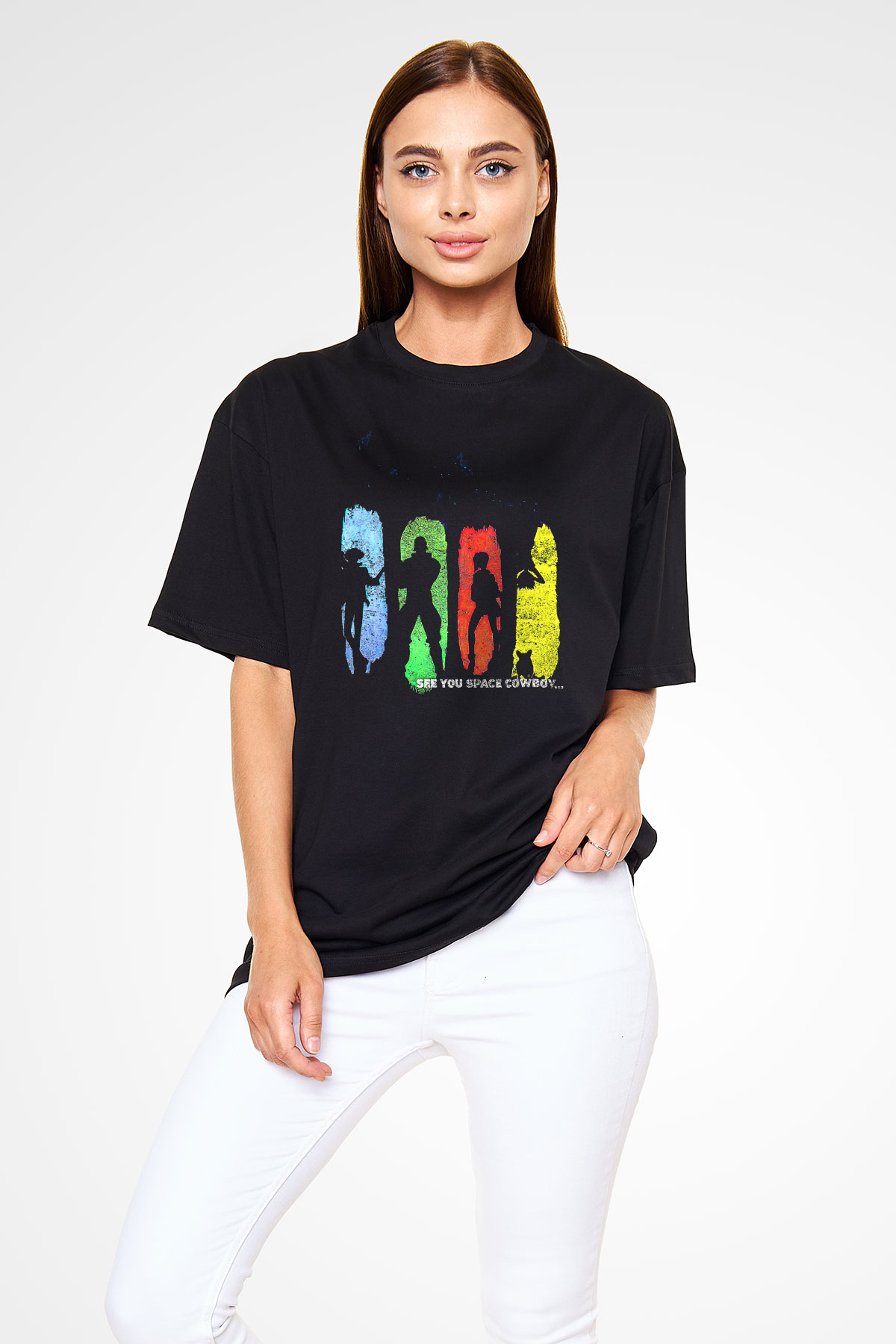 Cowboy Bebop Baskılı Unisex Siyah Oversize Tişört - Tshirt