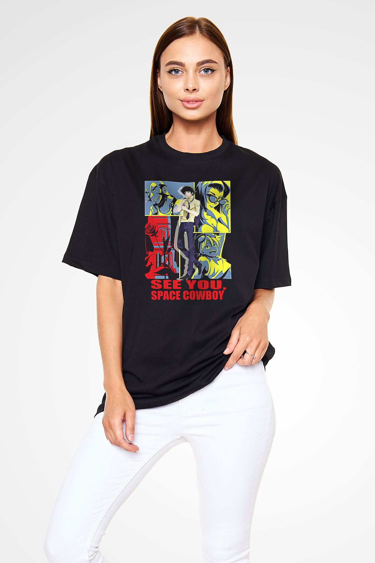Cowboy Bebop Baskılı Unisex Siyah Oversize Tişört - Tshirt