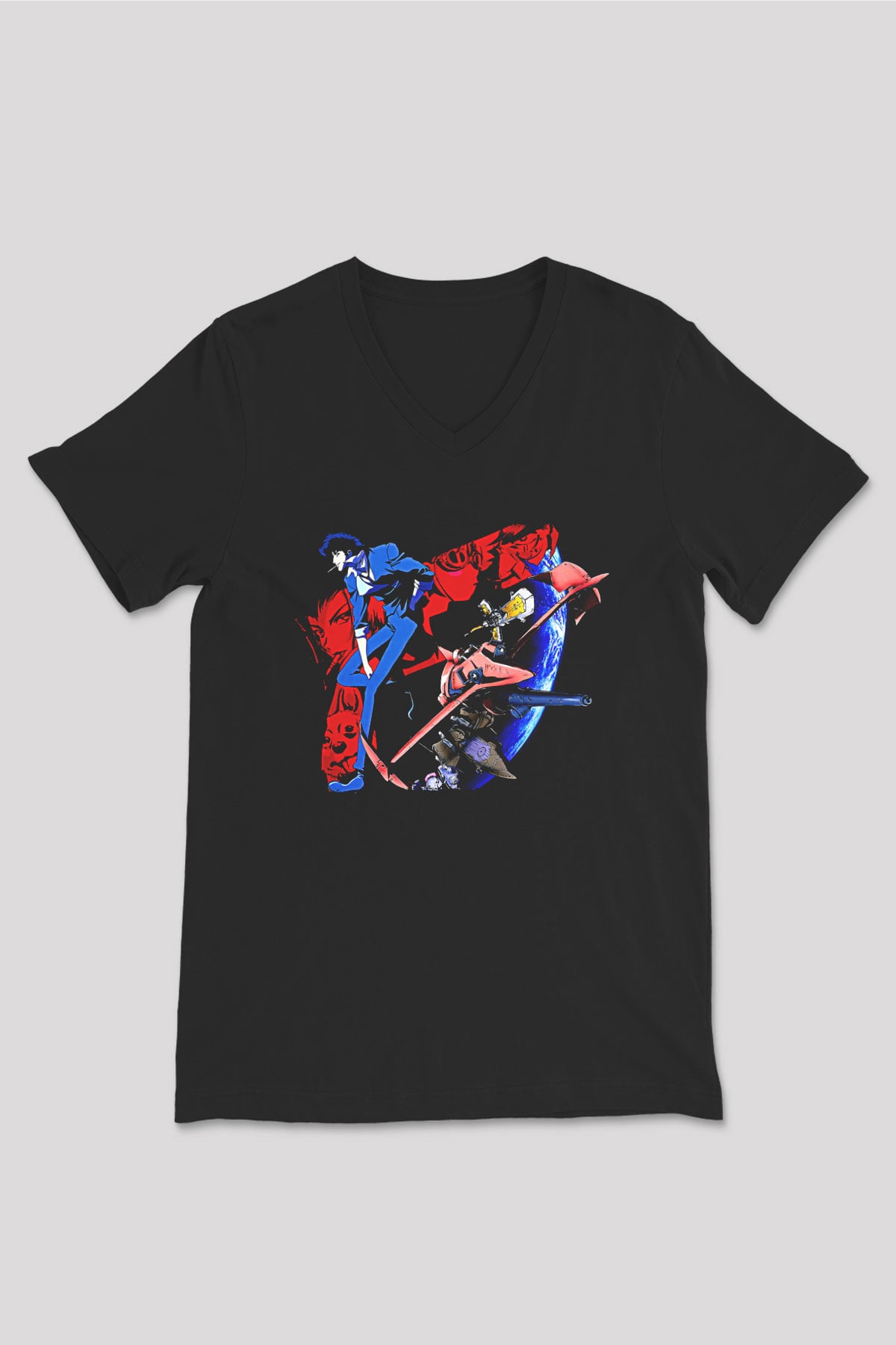 Cowboy Bebop Baskılı Unisex Siyah V Yaka Tişört - Tshirt