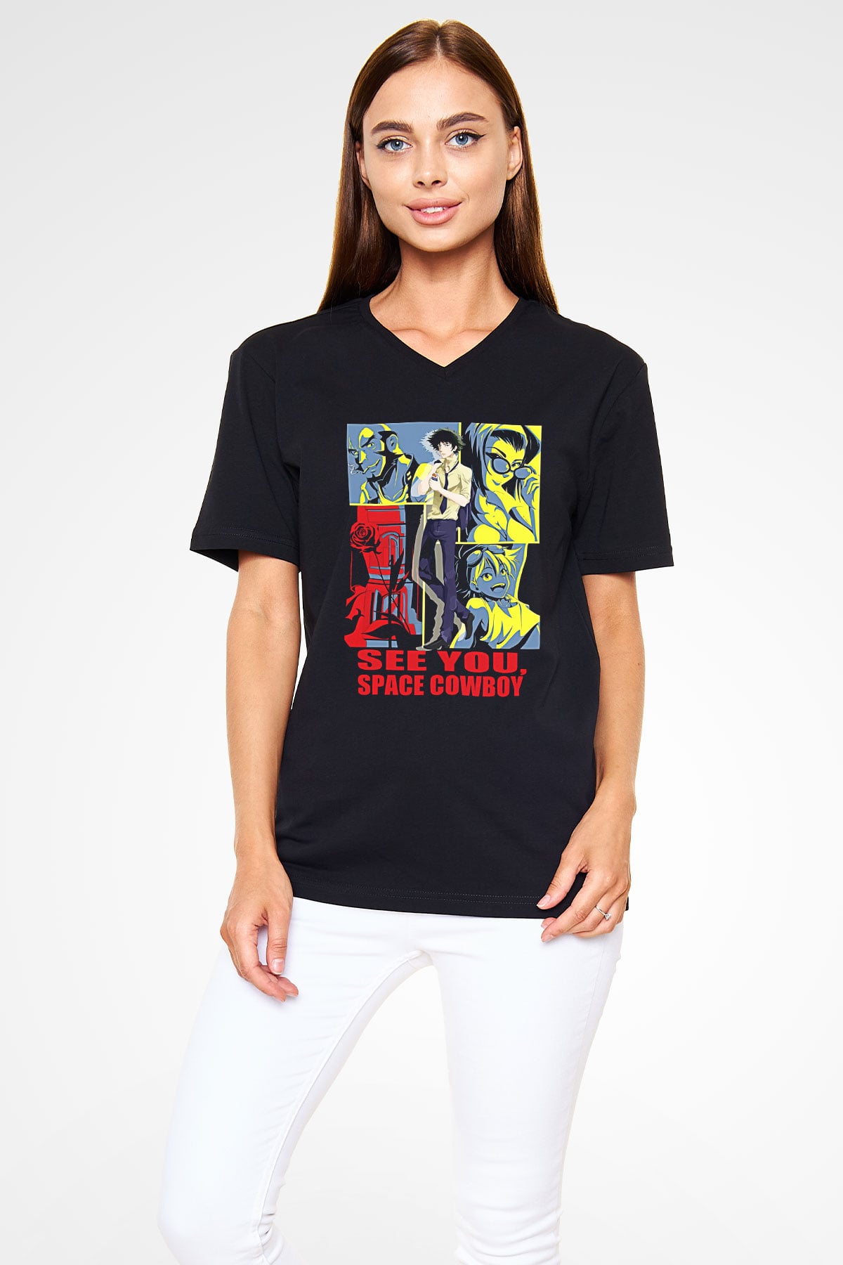 Cowboy Bebop Baskılı Unisex Siyah V Yaka Tişört - Tshirt