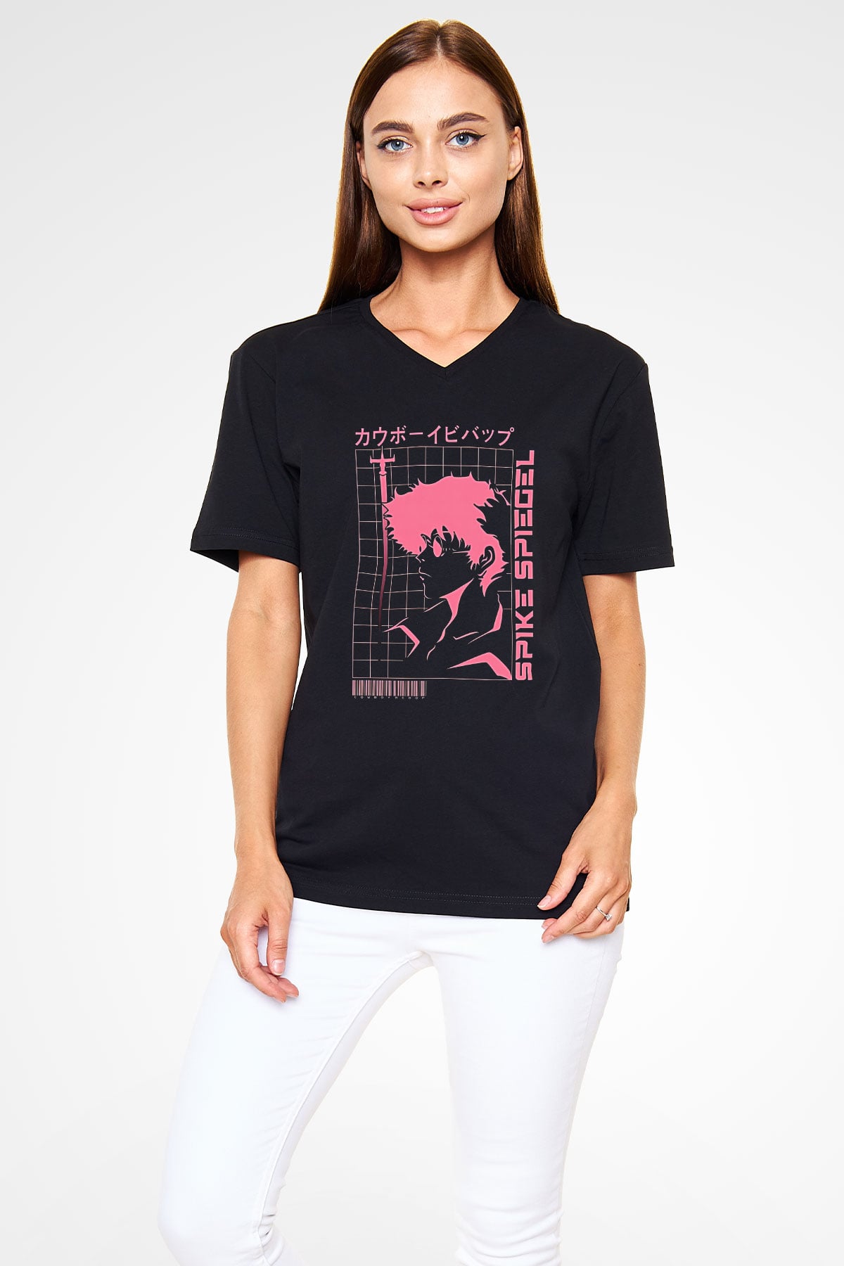 Cowboy Bebop Baskılı Unisex Siyah V Yaka Tişört - Tshirt