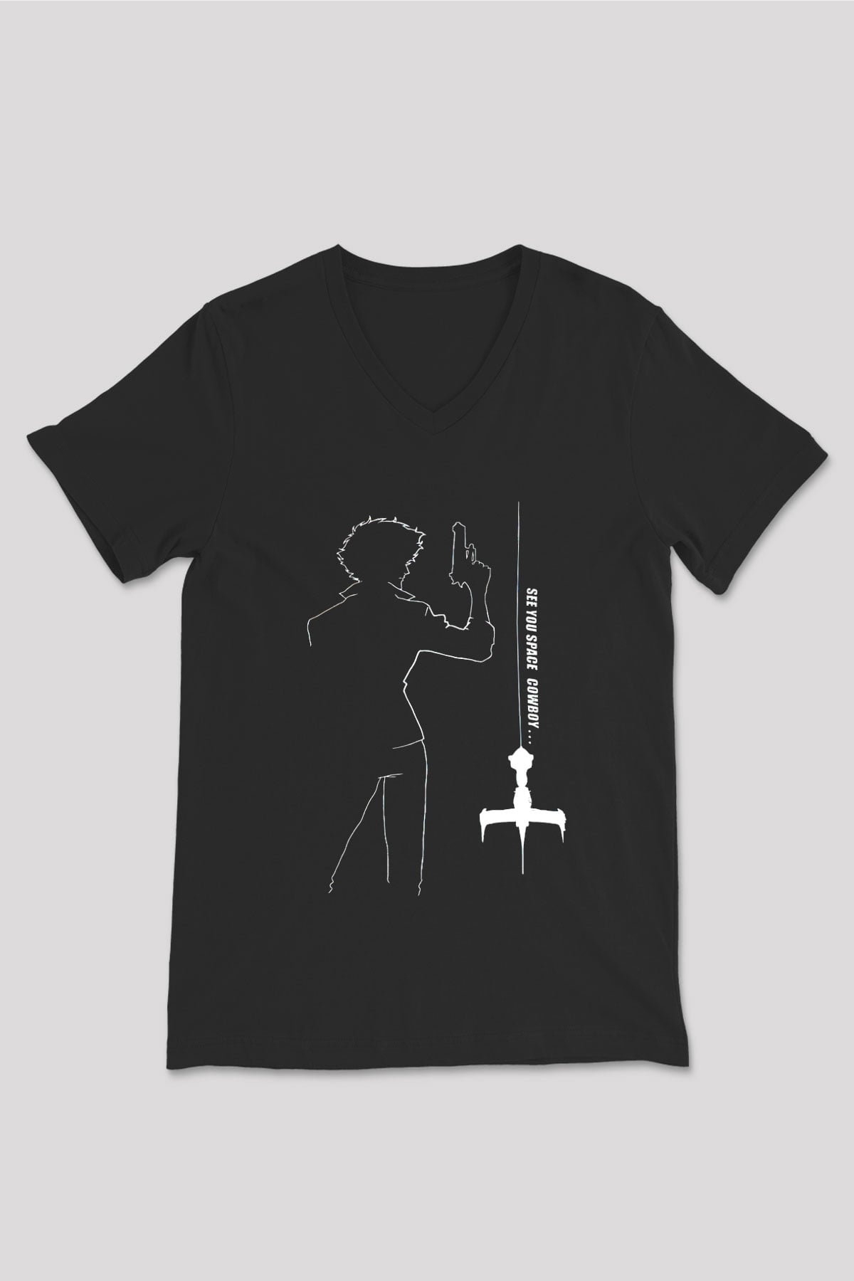 Cowboy Bebop Baskılı Unisex Siyah V Yaka Tişört - Tshirt