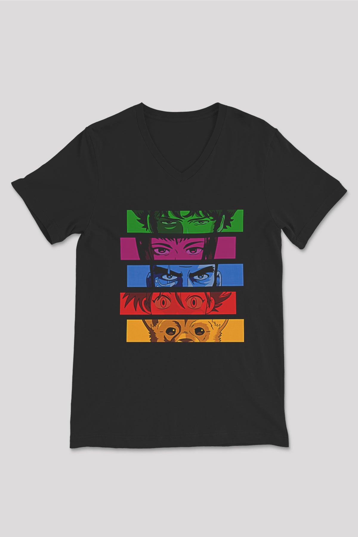 Cowboy Bebop Baskılı Unisex Siyah V Yaka Tişört - Tshirt