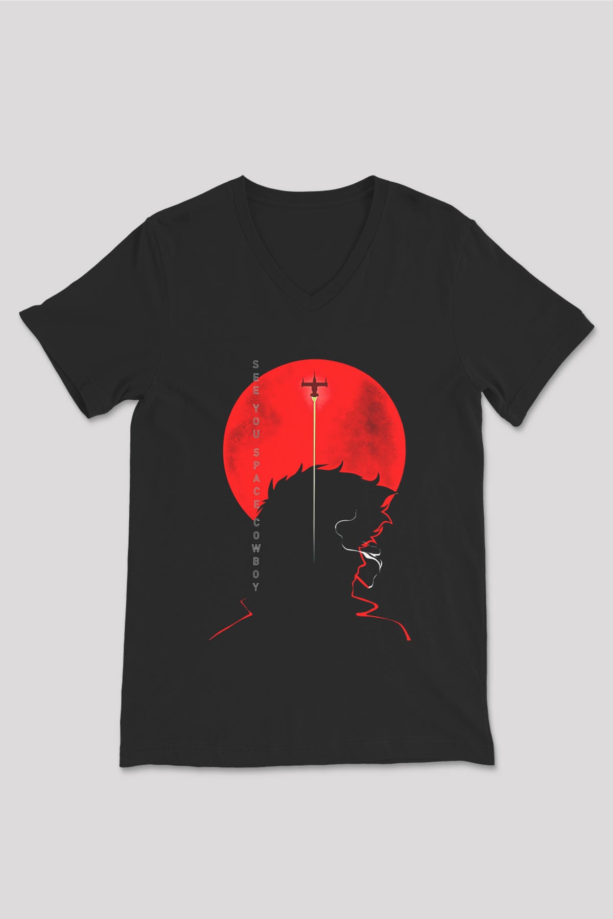 Cowboy Bebop Baskılı Unisex Siyah V Yaka Tişört - Tshirt