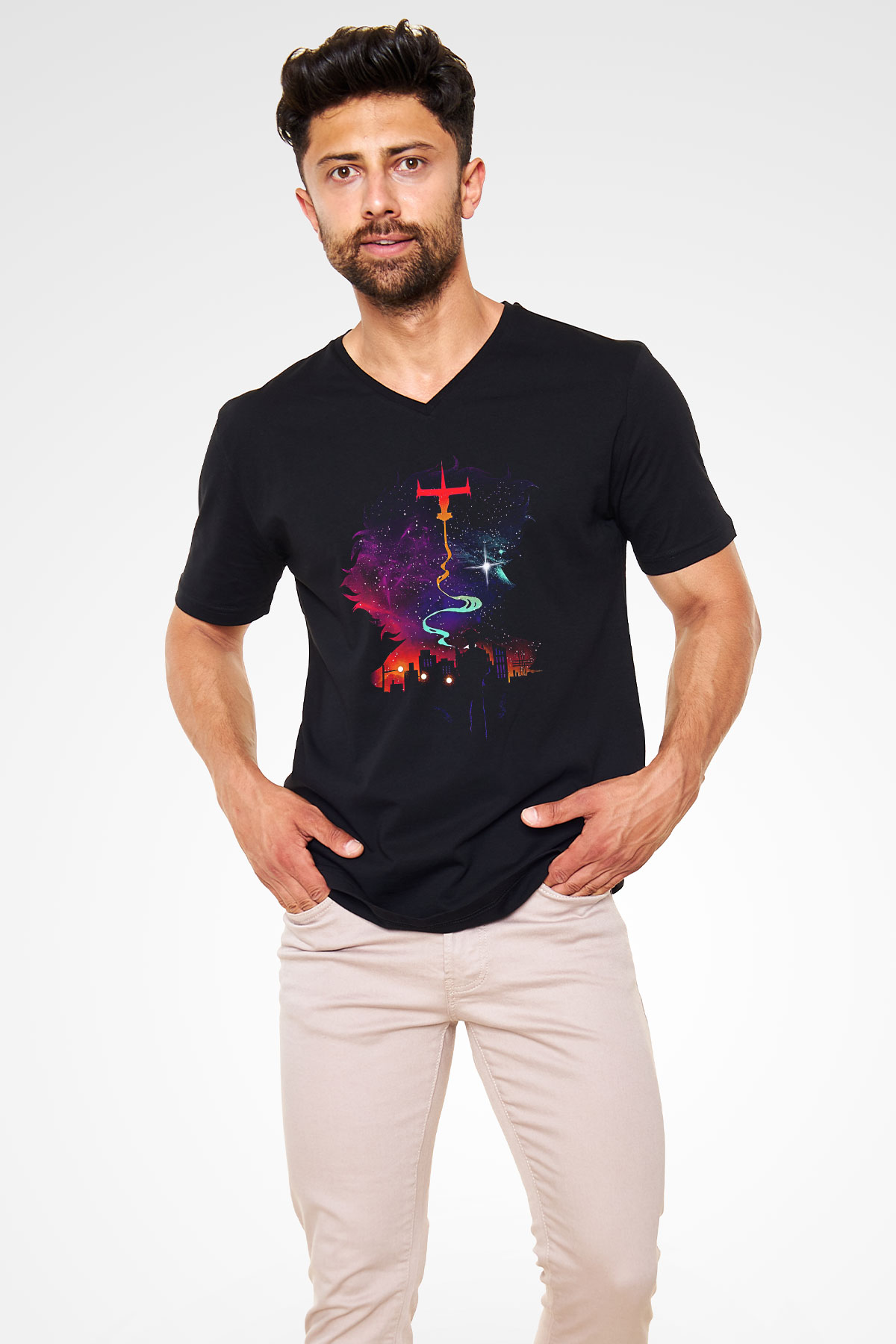 Cowboy Bebop Baskılı Unisex Siyah V Yaka Tişört - Tshirt