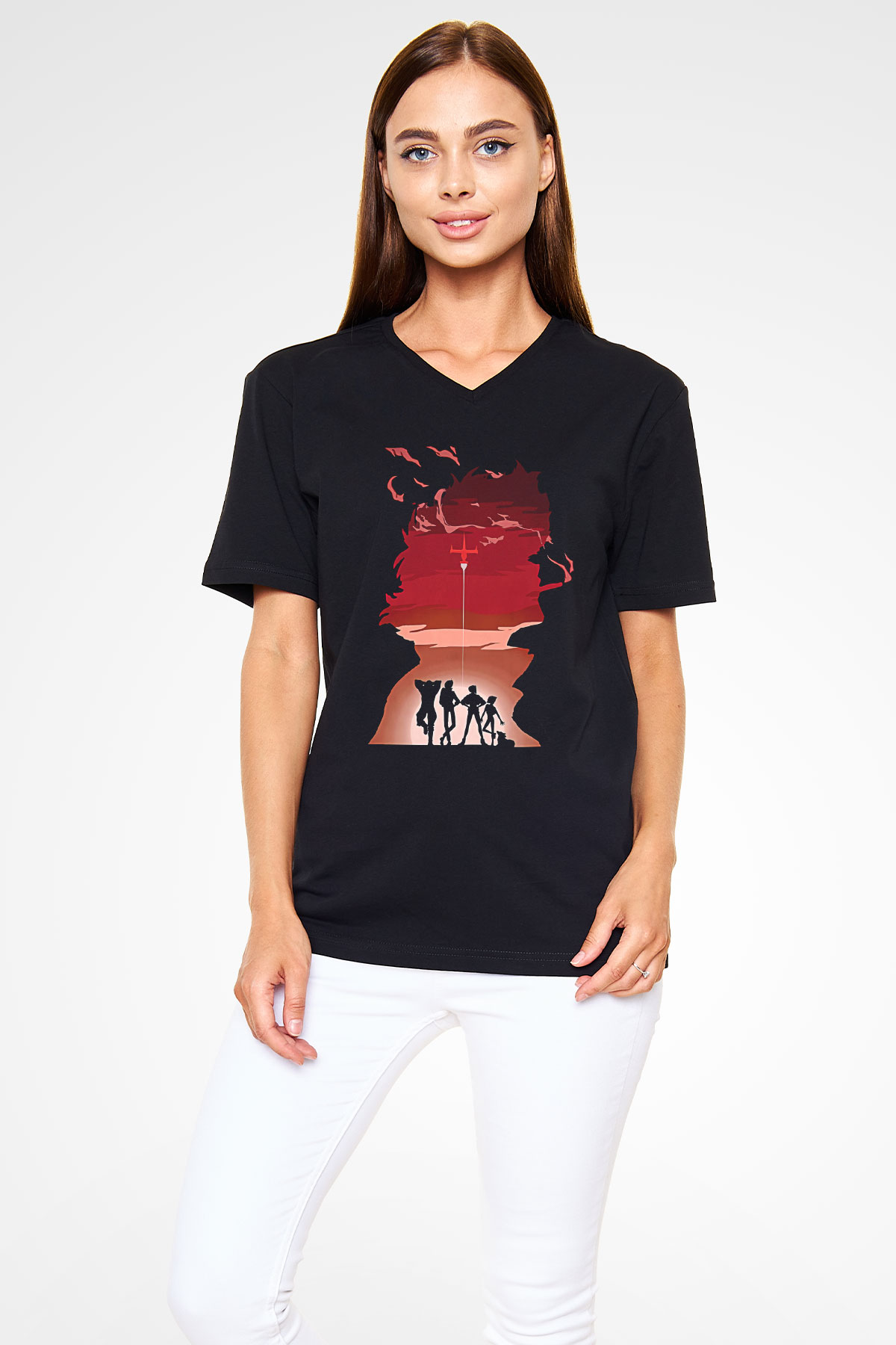 Cowboy Bebop Baskılı Unisex Siyah V Yaka Tişört - Tshirt