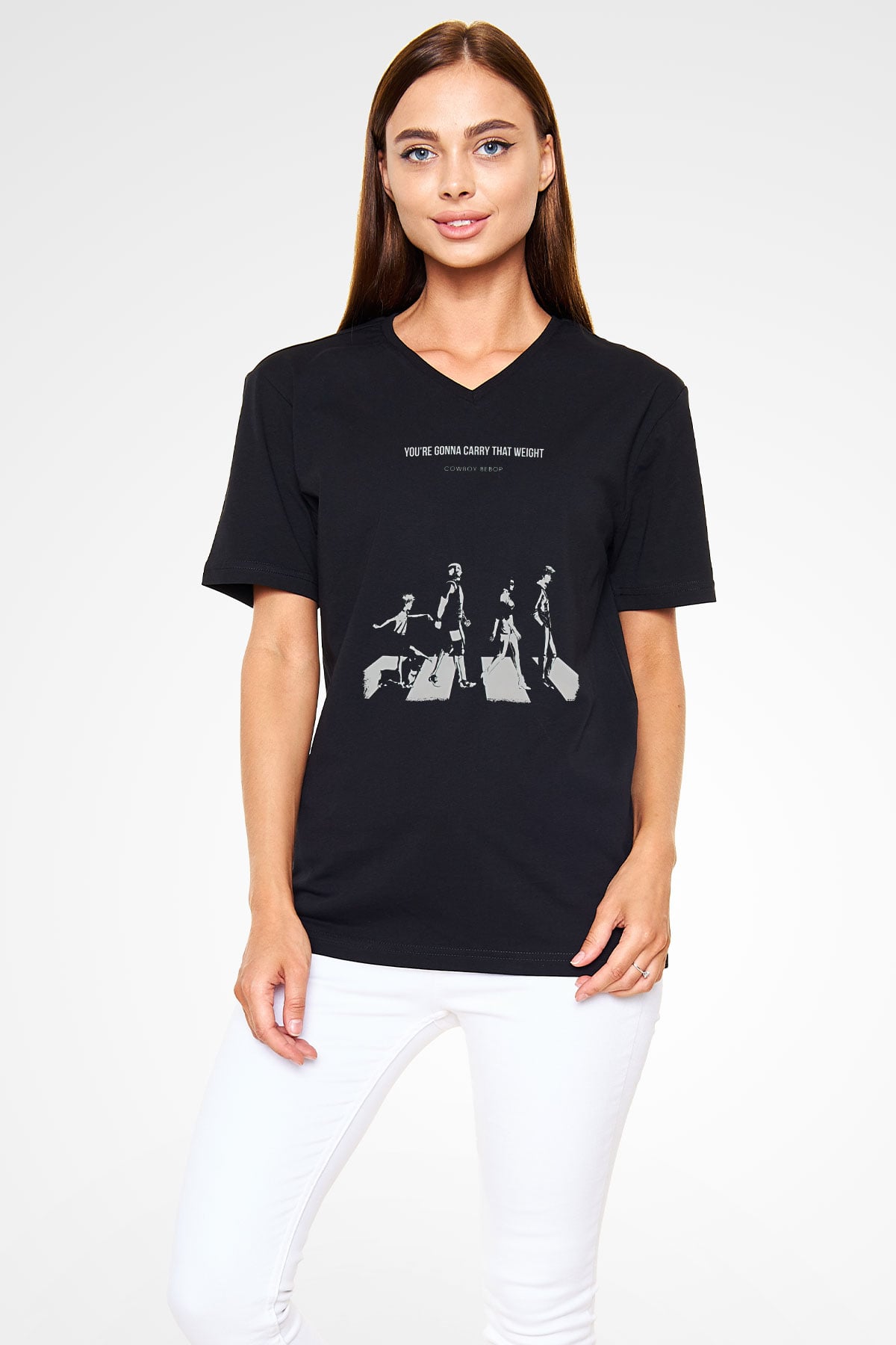 Cowboy Bebop Baskılı Unisex Siyah V Yaka Tişört - Tshirt