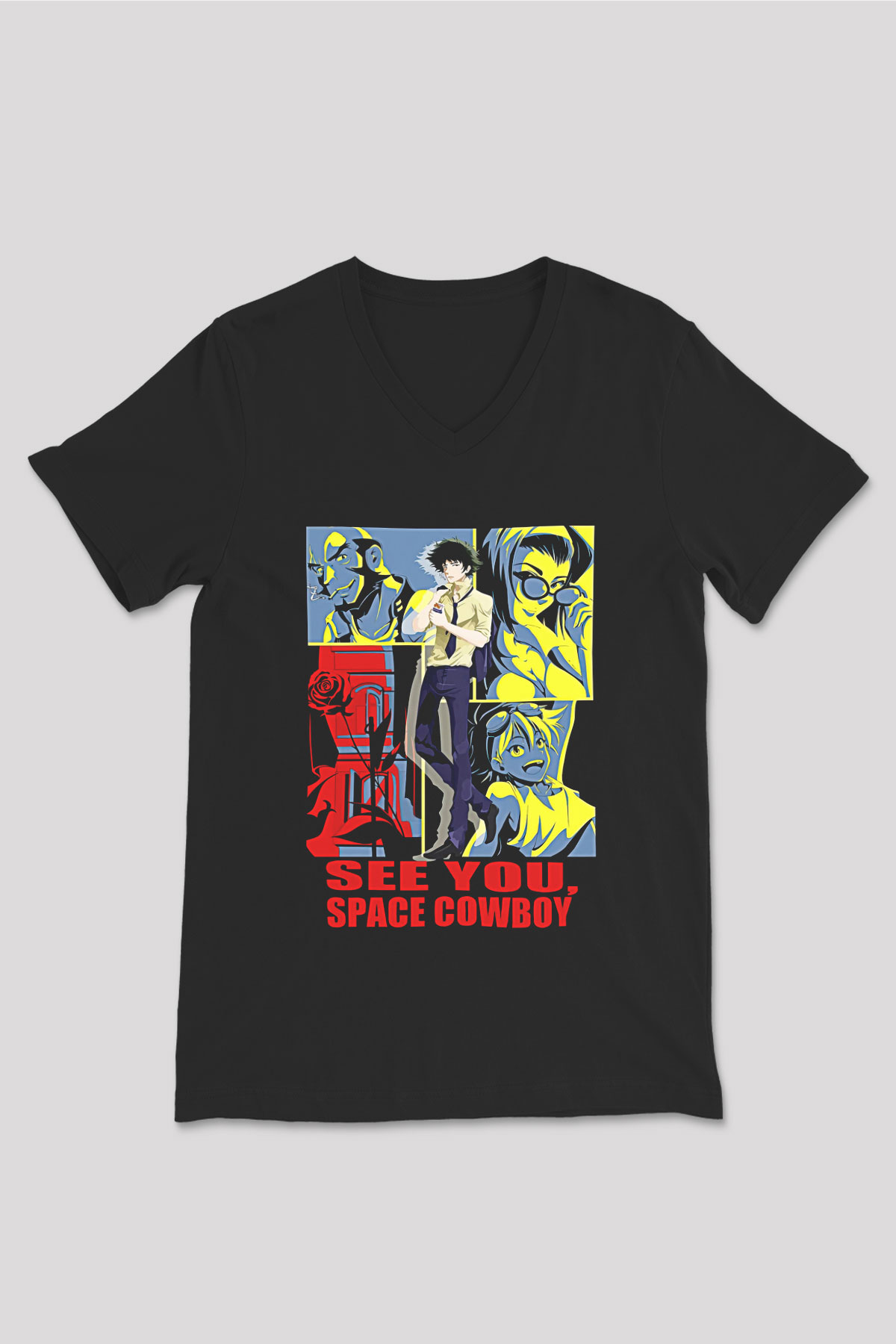 Cowboy Bebop Baskılı Unisex Siyah V Yaka Tişört - Tshirt
