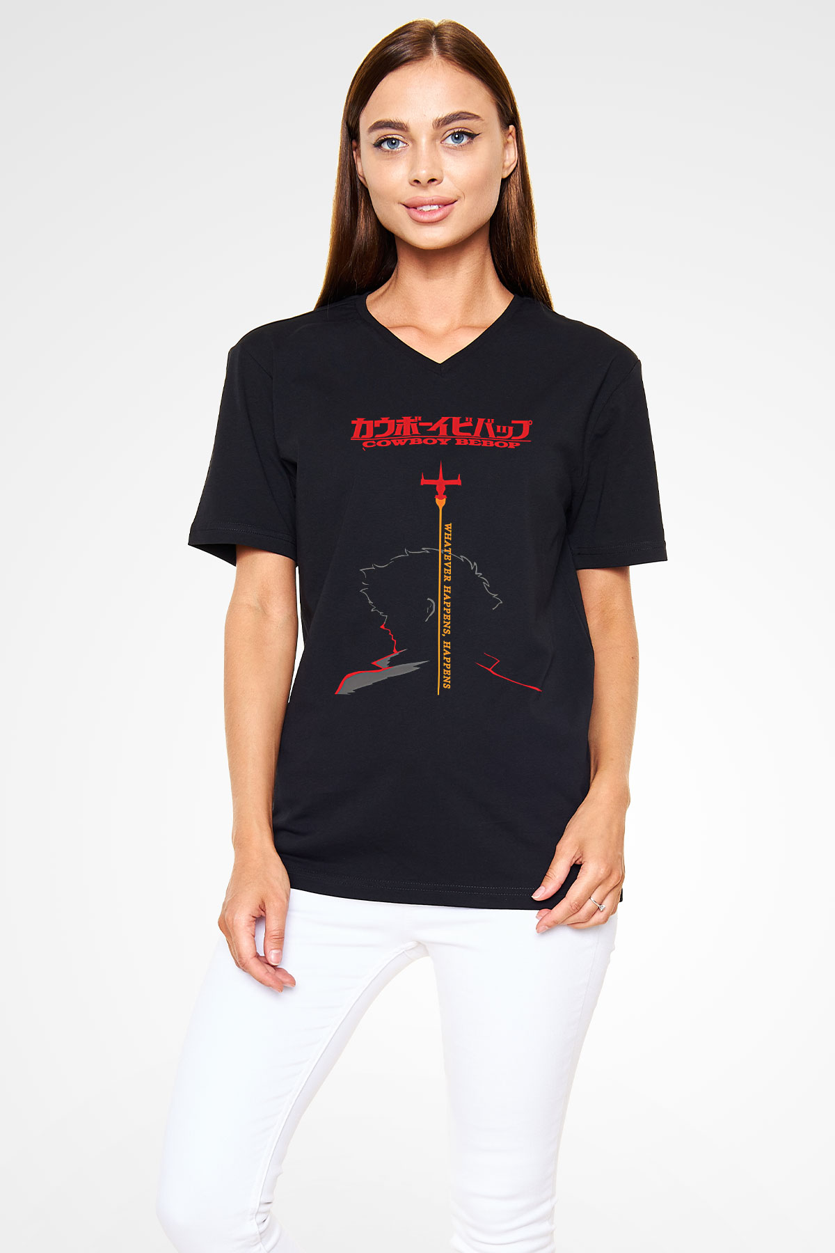 Cowboy Bebop Baskılı Unisex Siyah V Yaka Tişört - Tshirt
