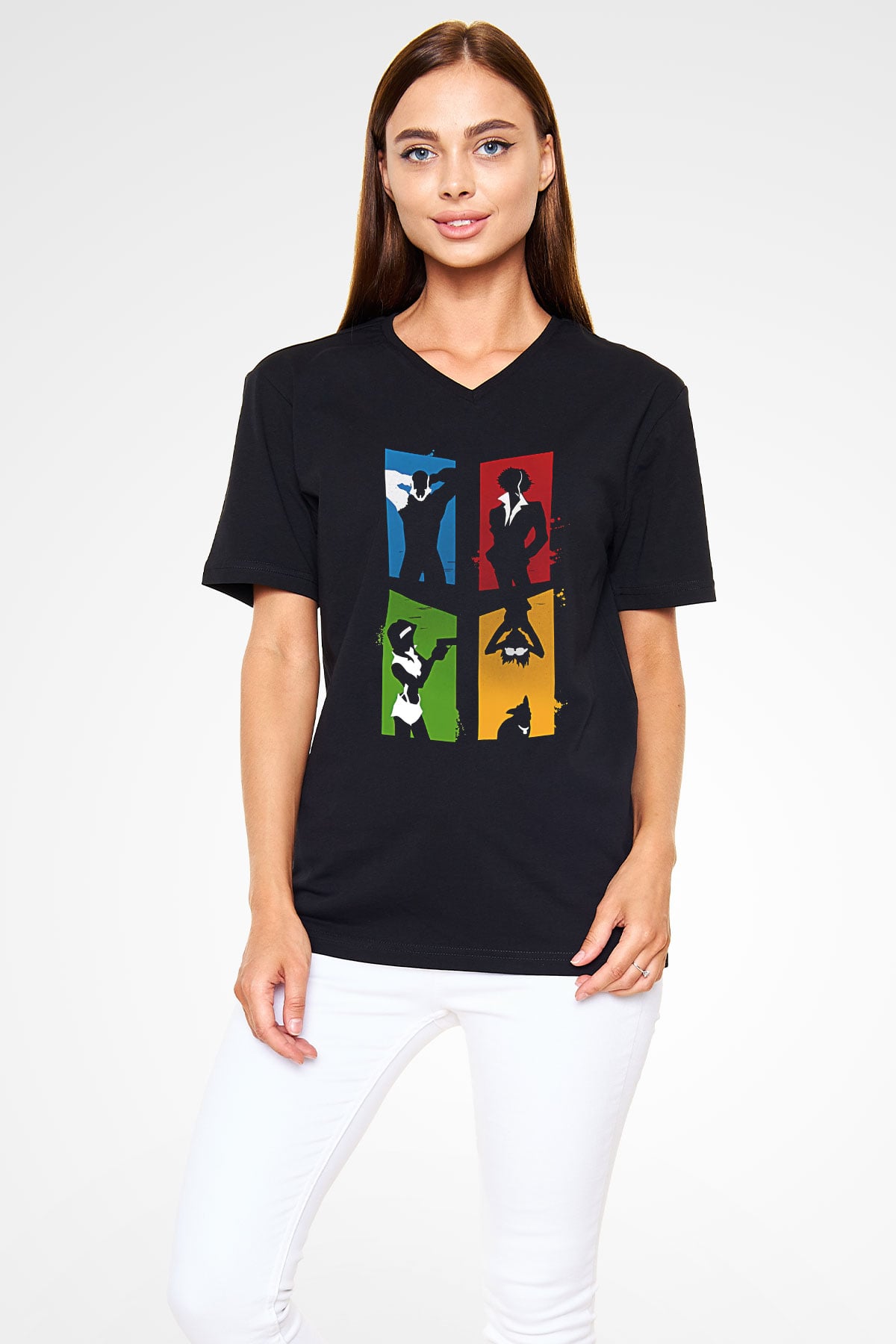 Cowboy Bebop Baskılı Unisex Siyah V Yaka Tişört - Tshirt